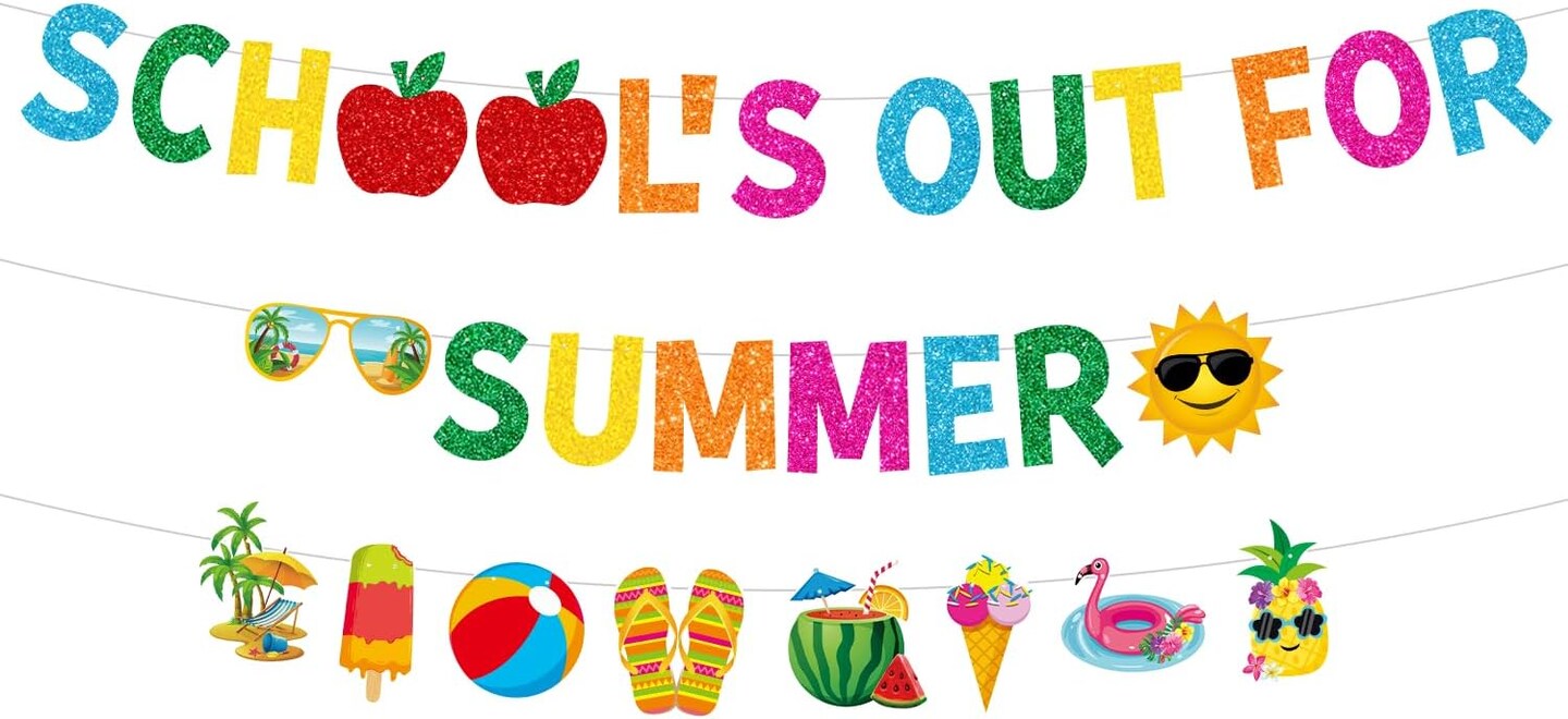 Glitter School’s out for Summer Banner and Colorful Glittery Summer Patterns Banner End of School Year Garland Banner Summer Vacation Beach Pool Party Fireplace Mantle Decorations