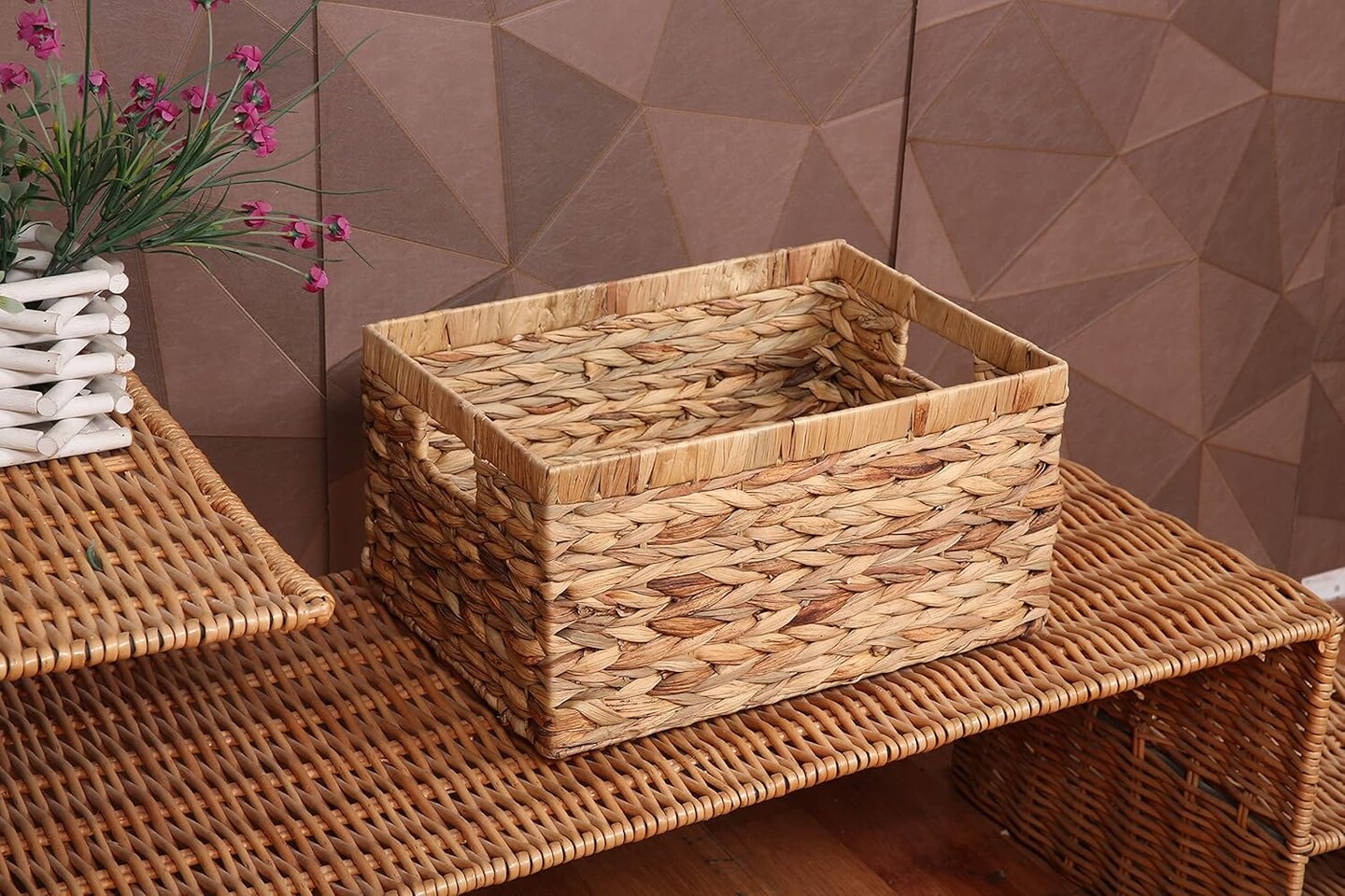 Rectangular Spring Woven Water Hyacinth Storage Baskets with inside Handle for Shelves Bathroom Kitchen Office Desk