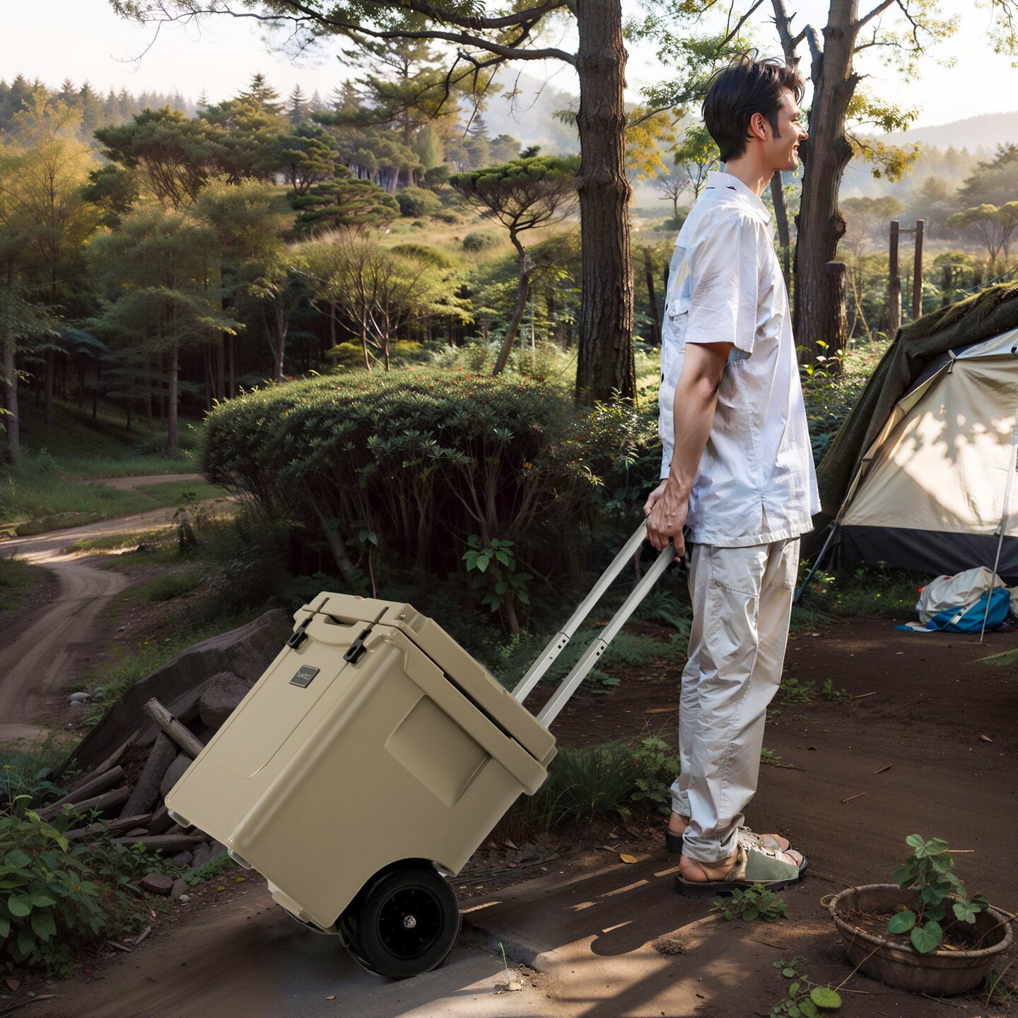 Sand 45 Quart Cooler Towable Ice Chest with 3-Position Adjustable Handle and Smooth-Moving Wheels