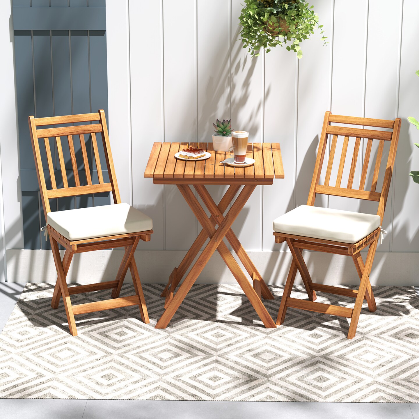 3 Pieces Acacia Wood Patio Bistro Set with Soft Seat Cushions Ideal for Outdoor Use