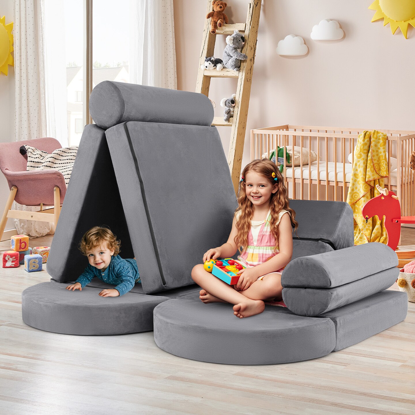 Velvet Suede 13-Piece Kids Modular Play Couch, Soft and Safe Design