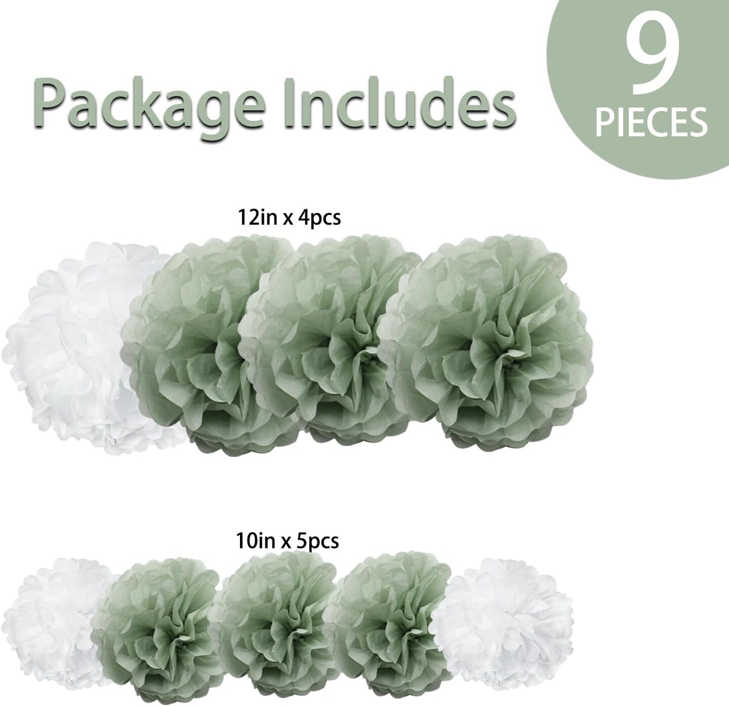 9PCS Dusty Sage Green White Large Tissue Paper Pom Poms Pastel Boho Flowers Wall Hanging Backdrop Centerpieces for Botanical Greenery Baby Shower Wedding Birthday Nursery D&#xE9;cor