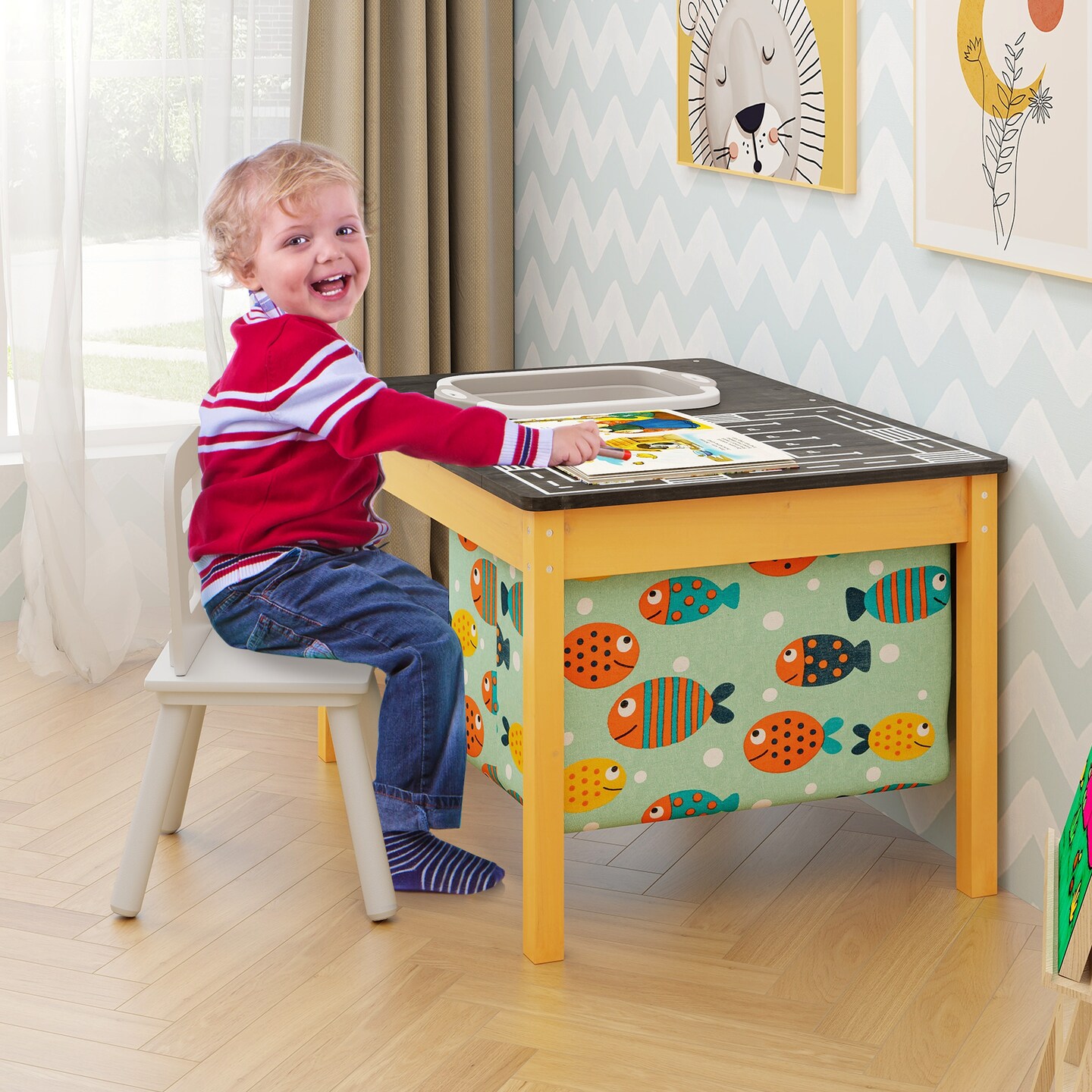 Natural Fir Wood Kids Sensory Activity Table with Storage Bins