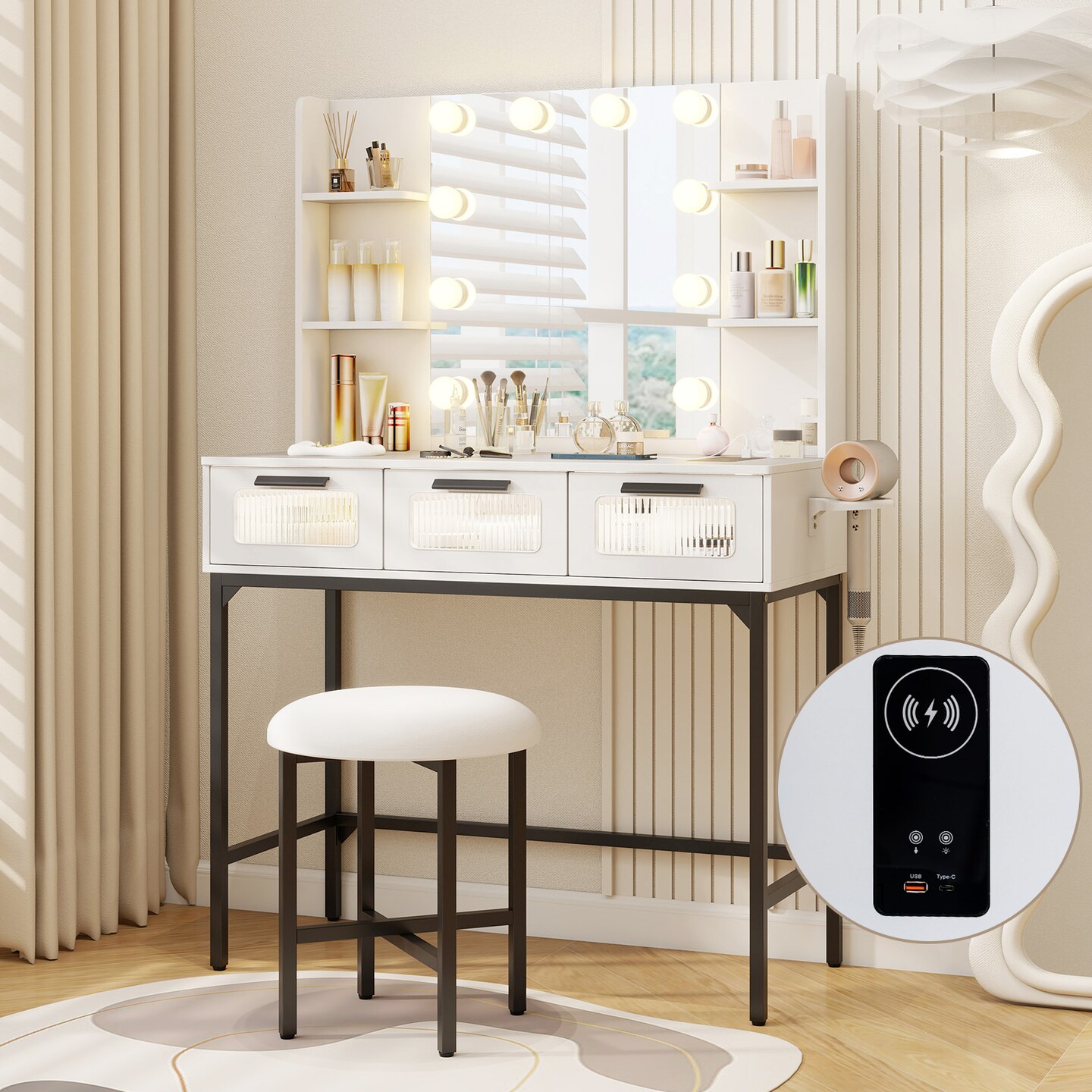 White Vanity Set with 3-Color LED Mirror, Charging Station &#x26; Storage