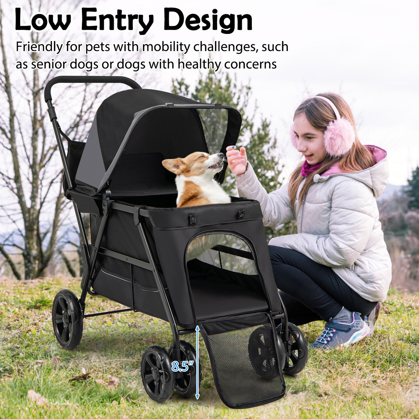 Black 600D Oxford Fabric Dog Stroller with Adjustable Ramp and All-Terrain Wheels