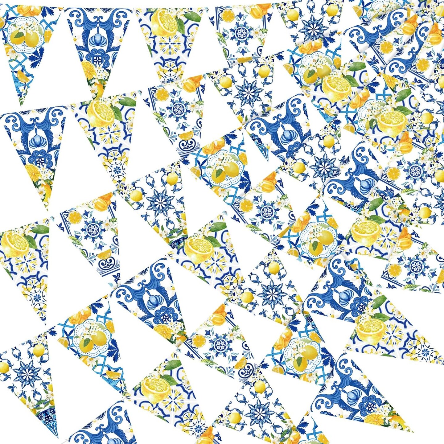 5 Pcs Blue Tiles Lemon Decor Lemon Bunting Banners Blue Tiles Paper Pennant Garlands Lemonade Hanging Triangle Flags for Wedding Birthday Bridal Shower Bachelorette Party Decorations