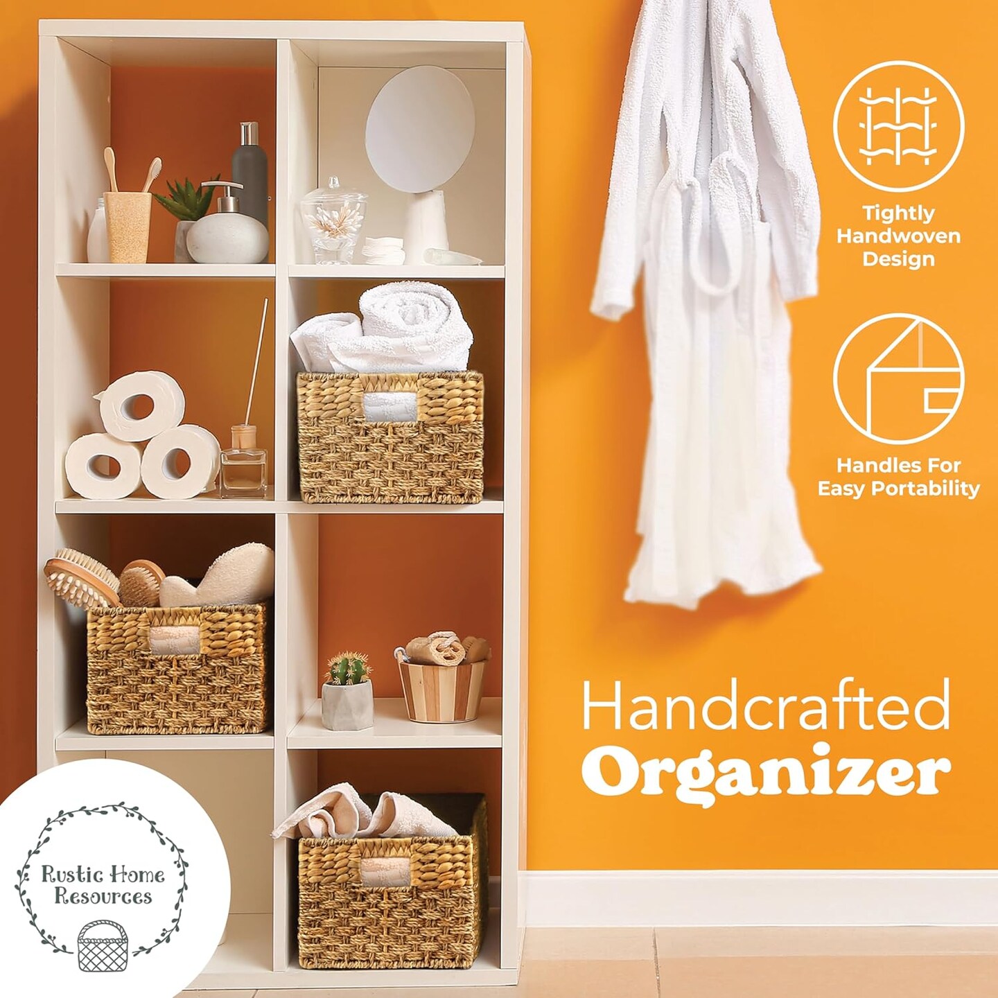 Spring Large Wicker Storage Basket with handles, Natural, Woven, Seagrass and Hyacinth Organizing Baskets for Shelves, Pantry, Bathroom