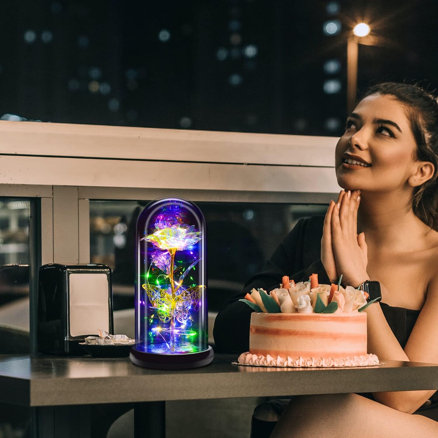 Birthday Gift for Women,Rose Flower Gifts for her,Artificial Flower Lasts in A Glass Dome, Unique Gifts is for Mothers Day,Christmas,Anniversary(Color)