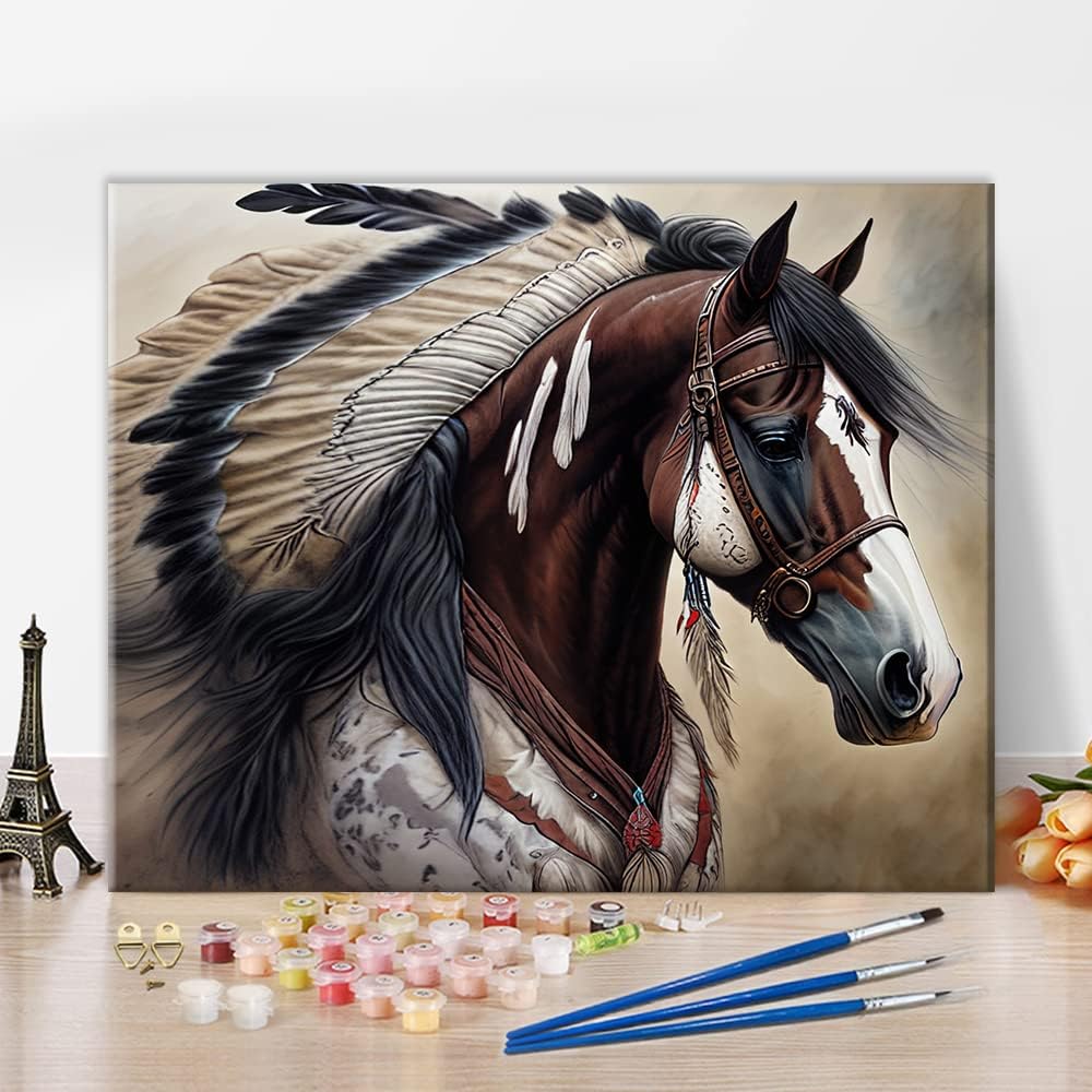 Paint by Numbers Kit for Adults & Kids – Native American War Horse DIY Acrylic Canvas, Beginner-Friendly, 16x20 Inch (With Brushes, No Frame)