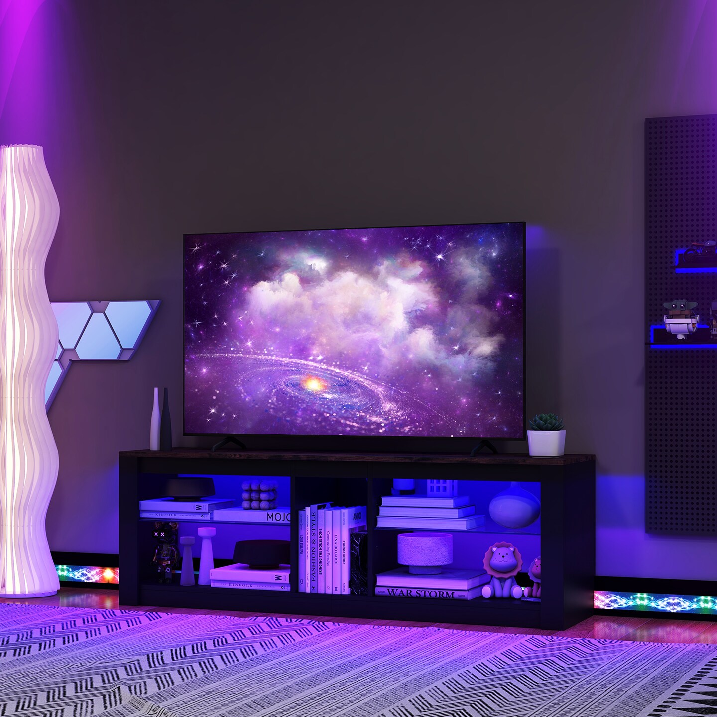 LED TV Stand with Adjustable Glass Shelves, Storage and Remote Control Lighting