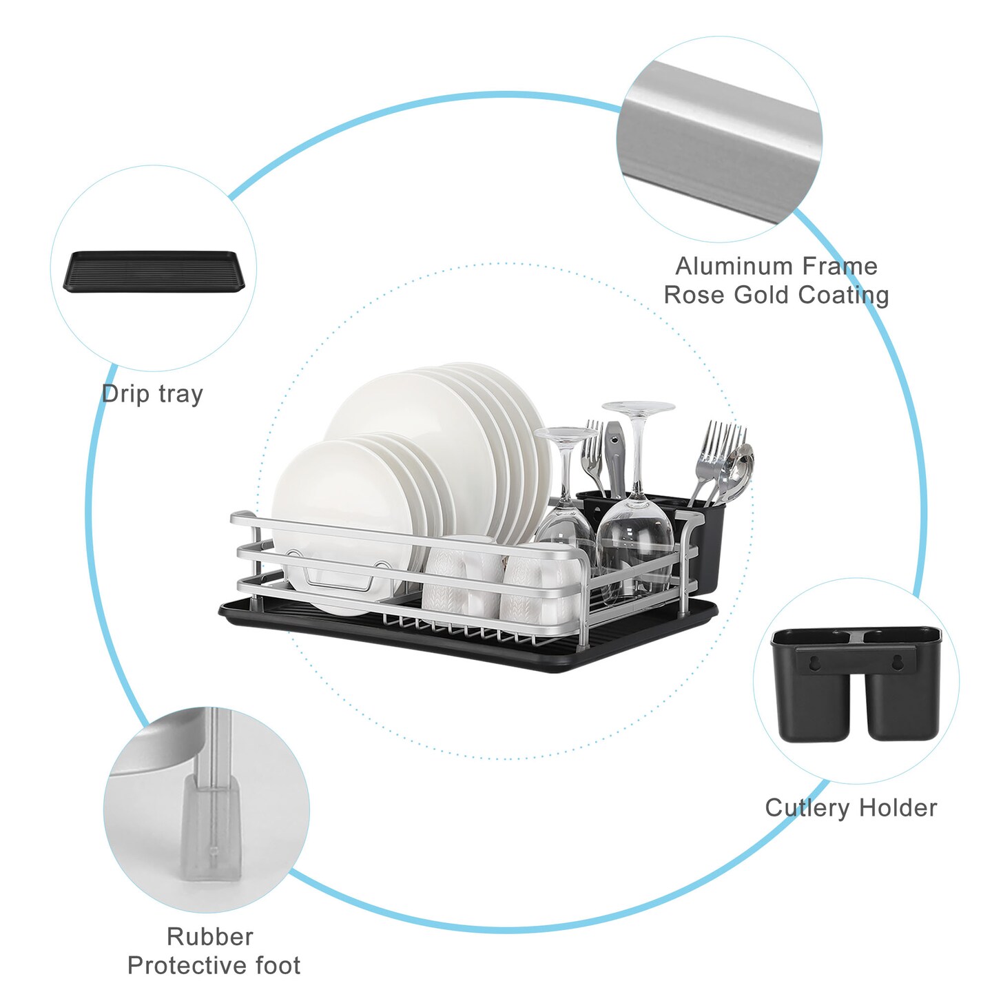 Smart Space-Saving Steel Dish Drying Rack with Removable Cutlery Holder & Drainer Tray – Anti-Slip Base – Compact for Apartments (16.92”L x 12.4”W)