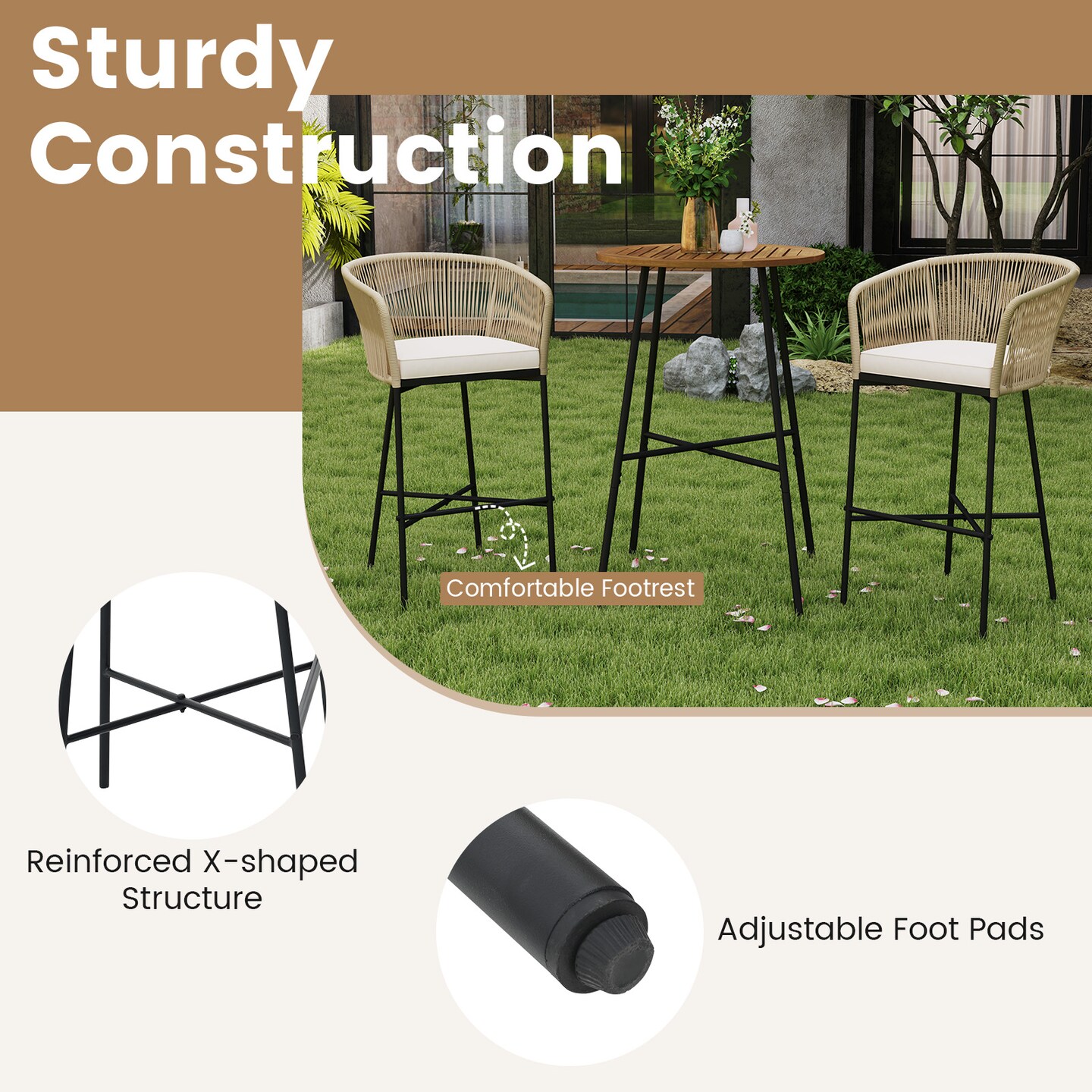 3 Pieces Rope Woven Patio Bistro Set with Acacia Wood Tabletop and Soft Cushions