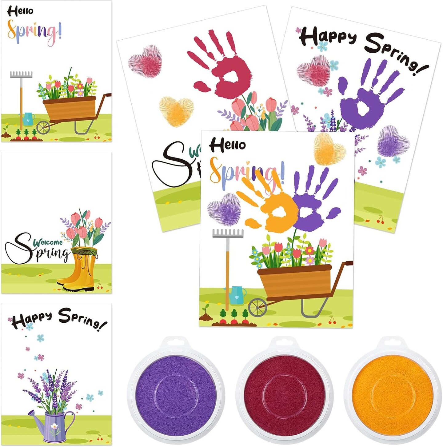 30 Pcs Spring Flower Handprint Activity Crafts Greeting Cards with 3 Pcs Large Ink Pads Spring DIY Craft Kits Break Activity Gift Supplies