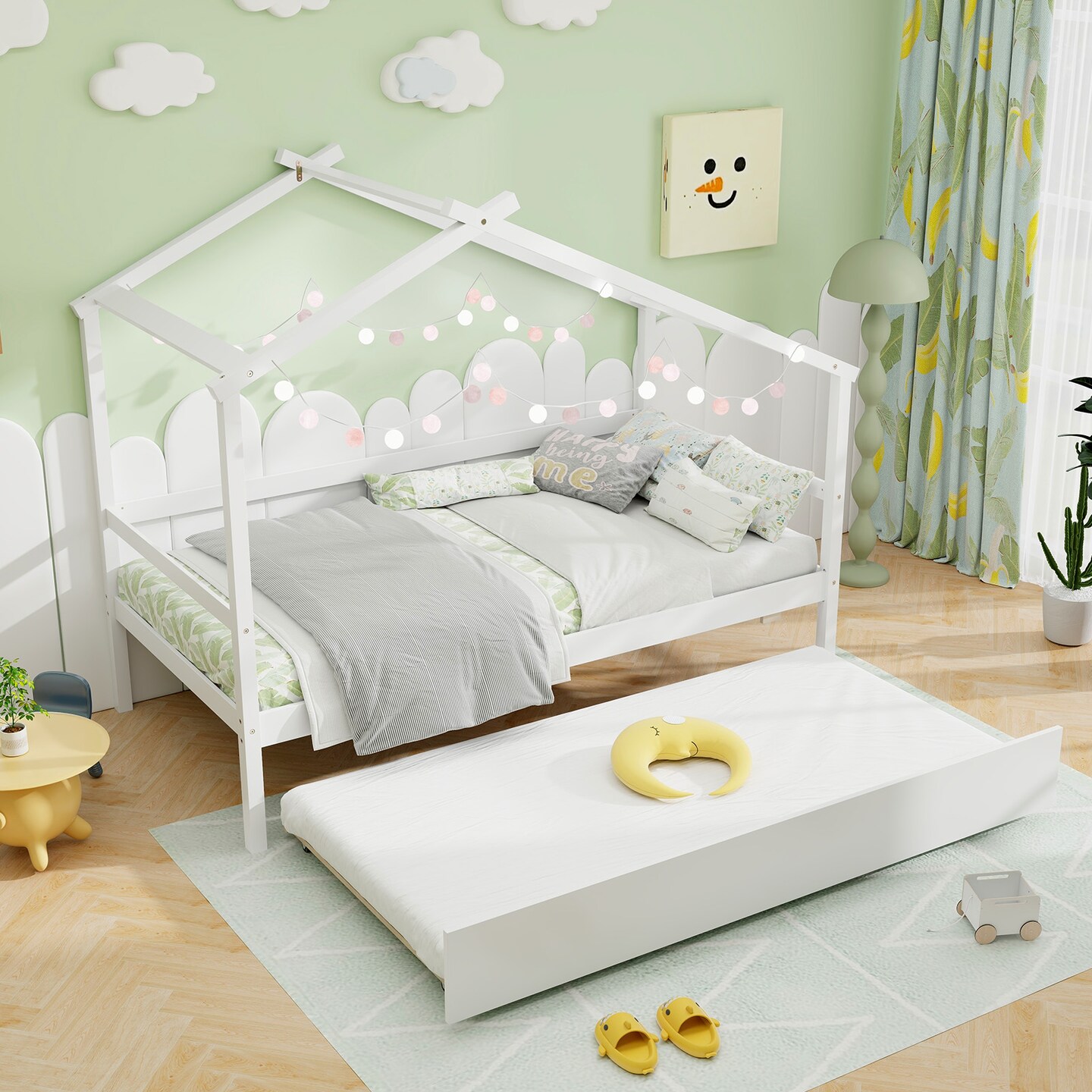 Pine Wood Twin Size House Bed with Trundle, DIY Roof, Slat Support and Safe Design