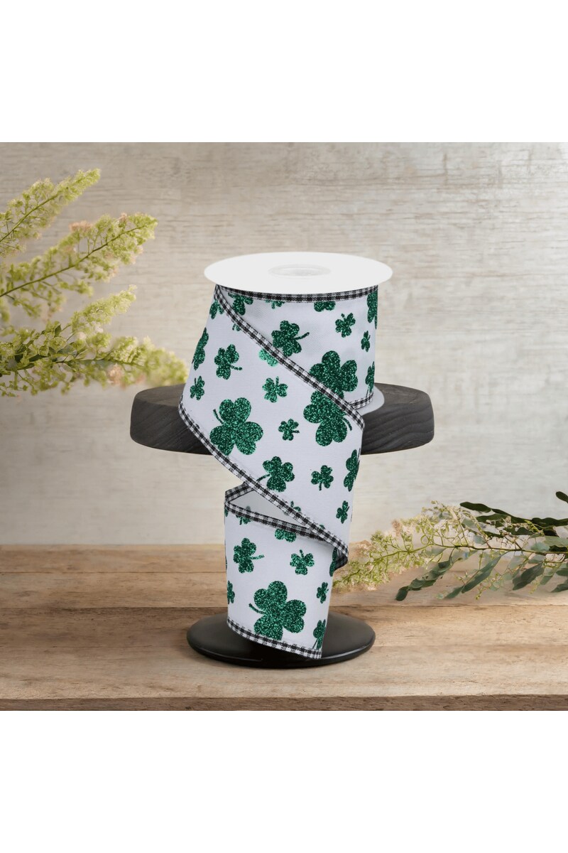 2.5&#x22; Glitter Shamrocks Gingham Ribbon: White (10 Yards)