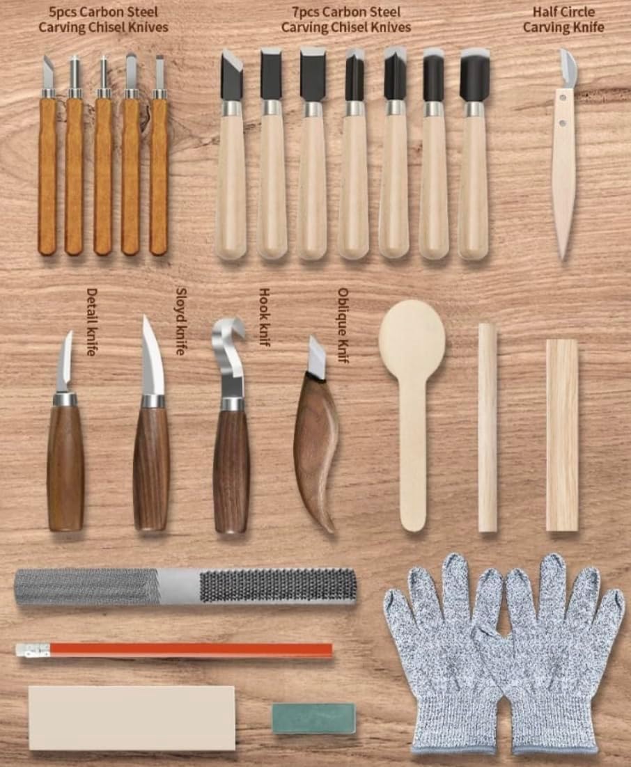 Wood Carving Tools, Complete Wood Carving Kit with Whittling Knives, Quality Blades, Ergonomic Handles, Compact Organizer, Protective Sheath, Wooden Blocks, Safe &#x26; Durable