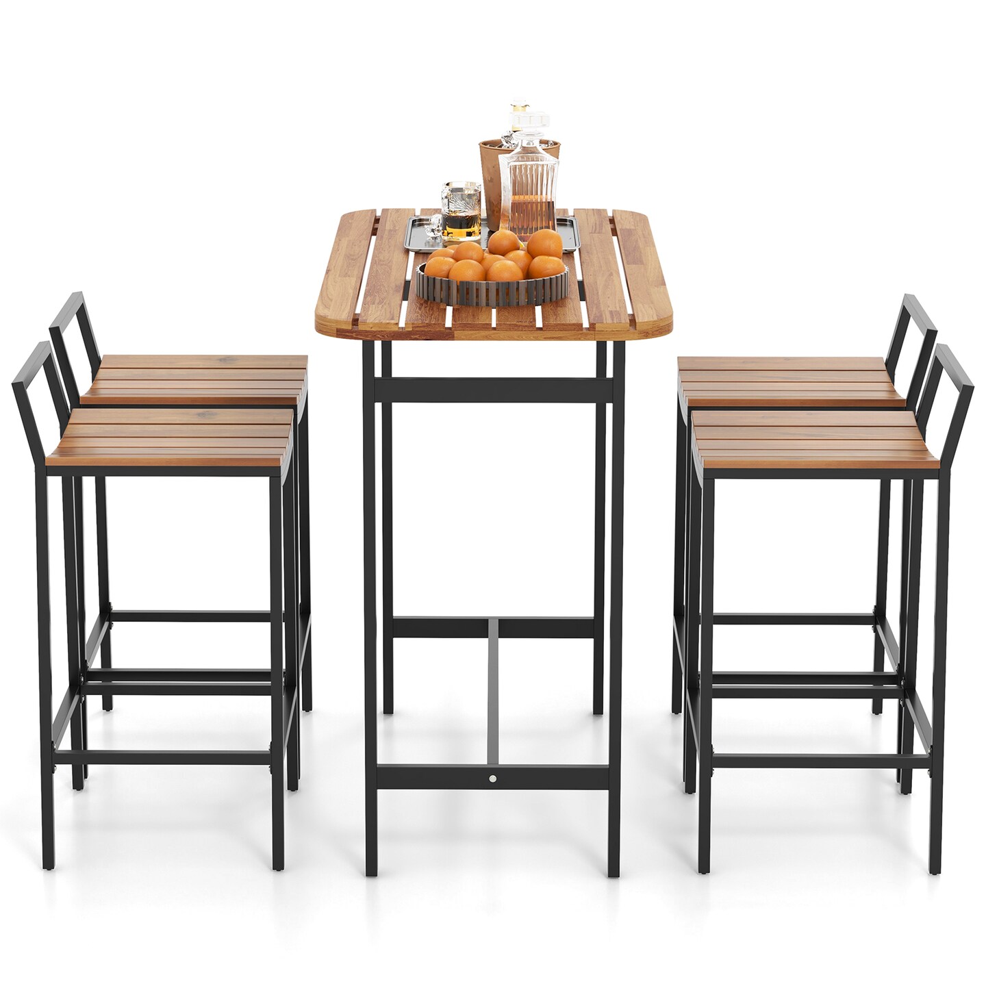 5 Piece Acacia Wood Patio Bistro Set Including Bar Height Table and 4 Chairs with Metal Frame