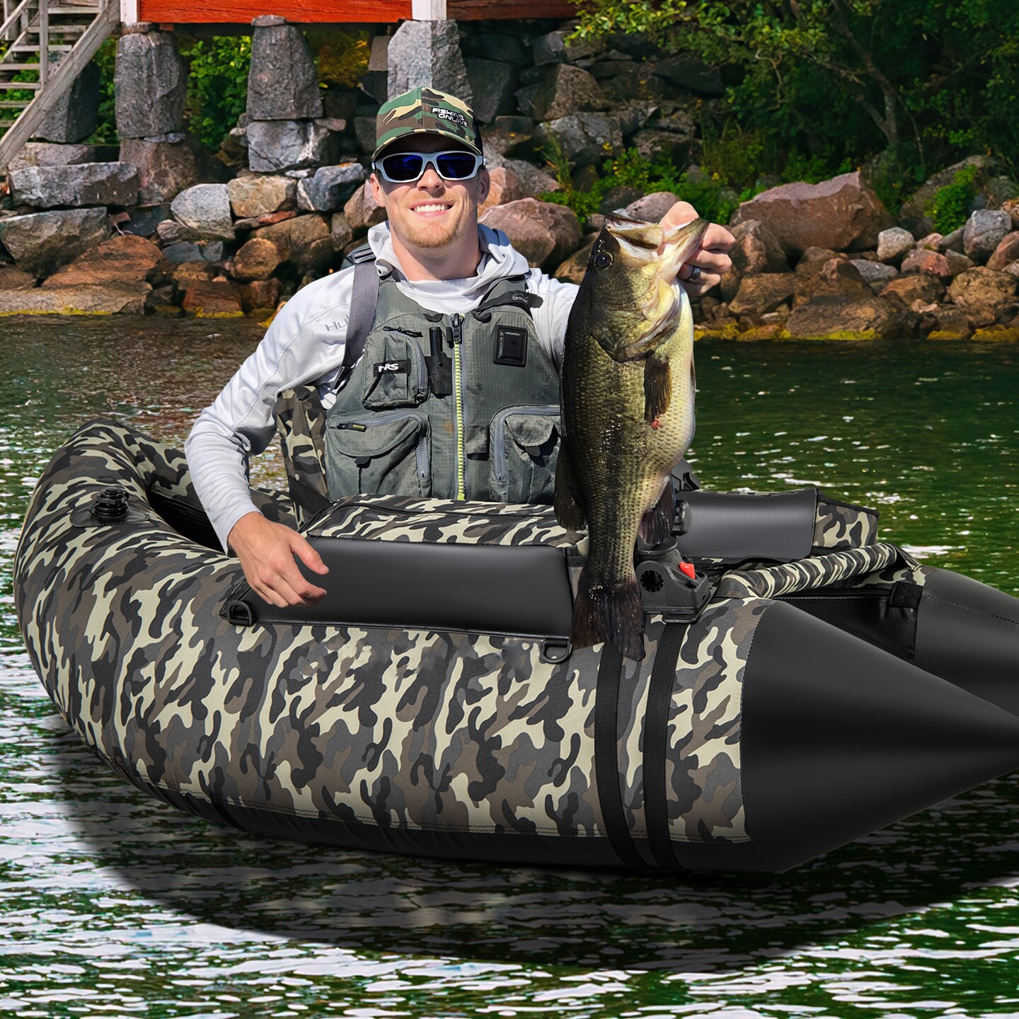 Camouflage Inflatable Fishing Boat with Adjustable Rod Holder and Storage Bags
