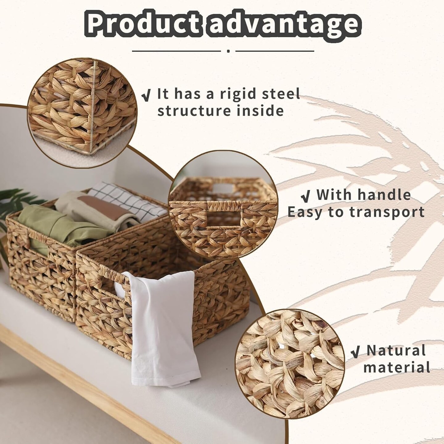 Rectangular Water Hyacinth Storage Basket, Wicker Baskets for Organizing,Hyacinth Baskets with Handle