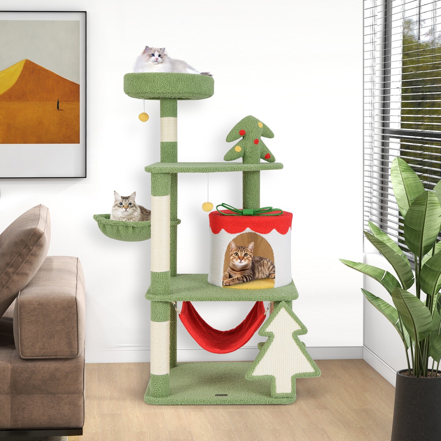 Green and Red Christmas Cat Tree with Condo, Scratcher and Hammock