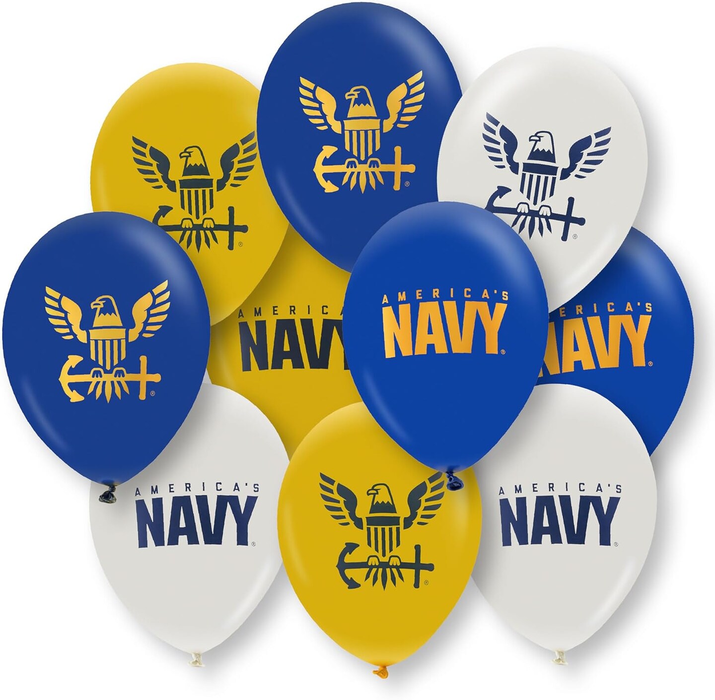 U.S. Navy Party Balloons (10 pcs)! 12” Latex balloons in Blue, White & Yellow with Striking Print on 2 sides
