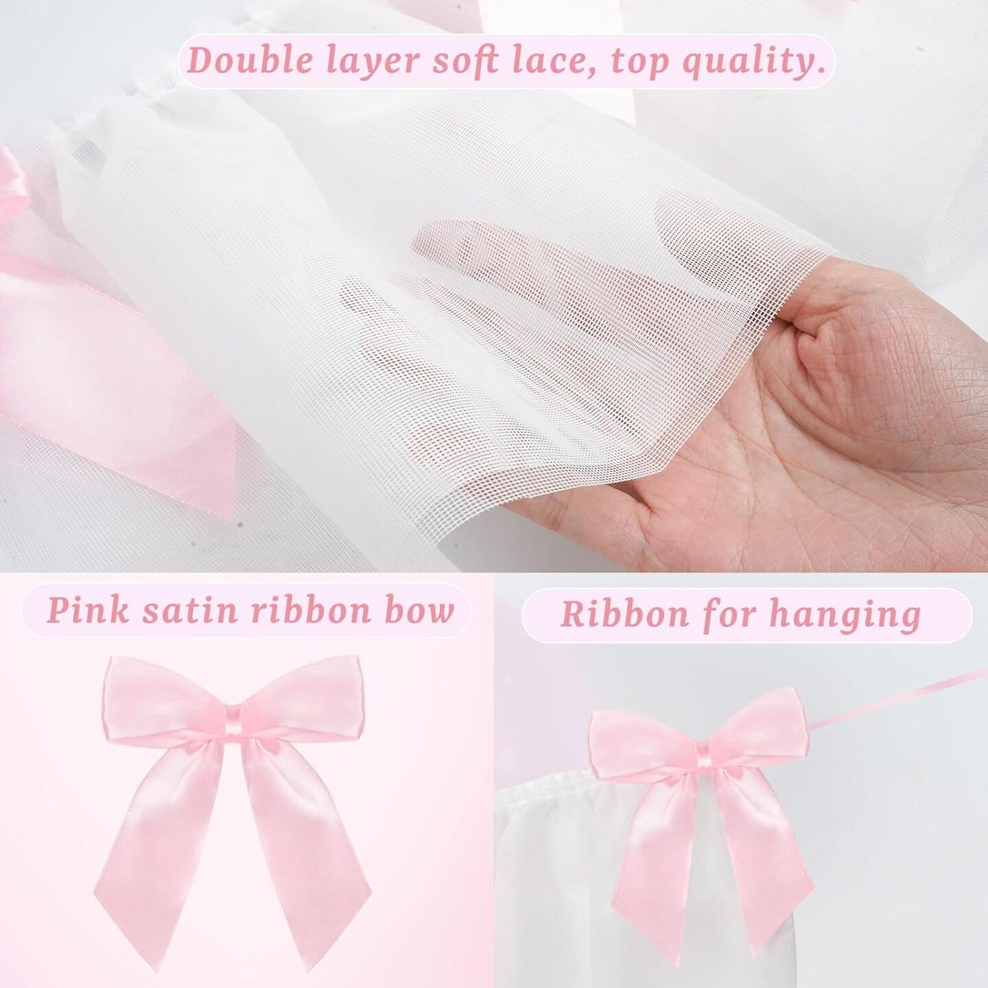 Bow Garland Banner, Pink Bow Birthday Party Decorations, 5.1ft Lace and Satin Ribbon Bows Hanging Banner with 7 Bows for Coquette Birthday Bachelorette Party Wedding Engagement Decor