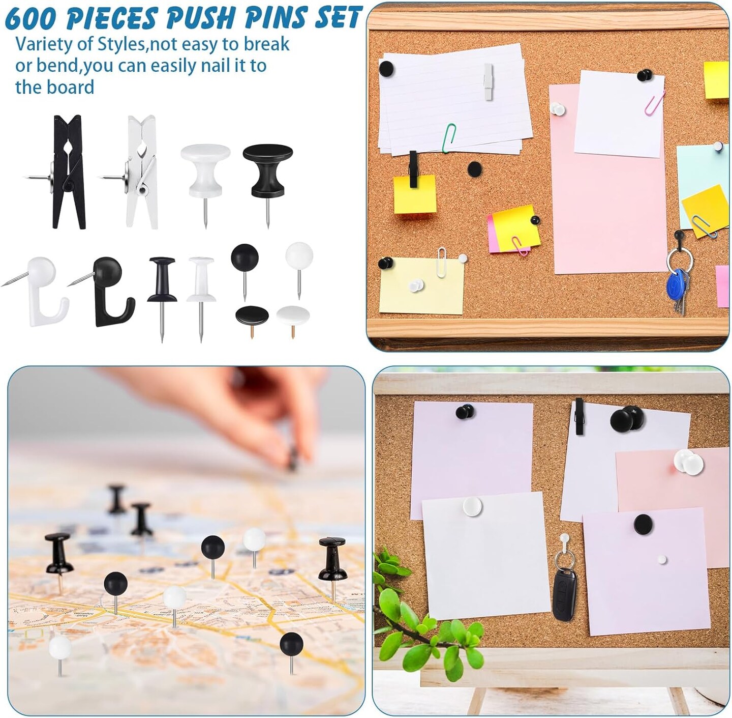 600 pcs decorative push pins black and white thumbtacks 6 types for cork boards bulletin boards and classroom decor