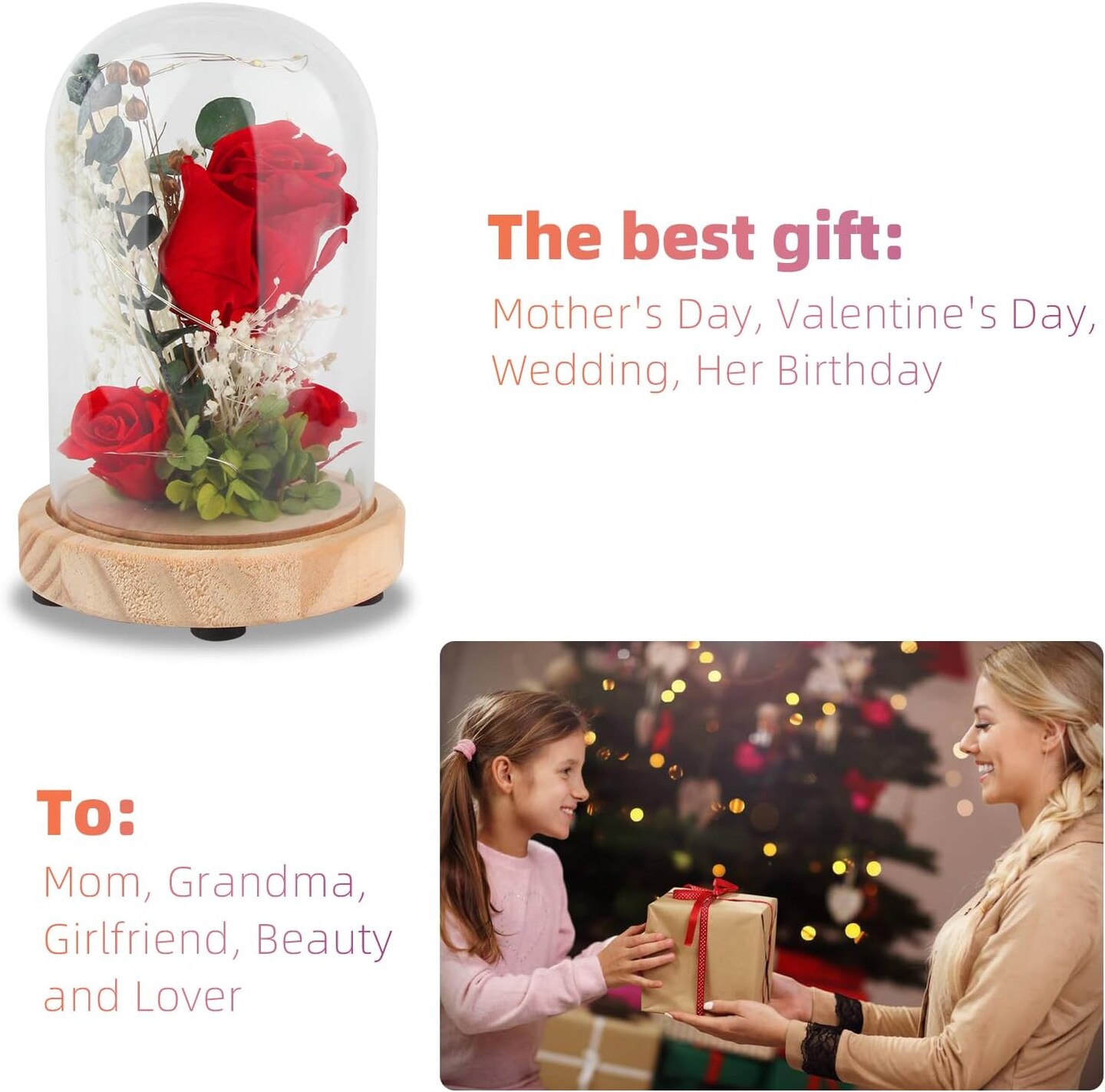 Preserved Rose Glass Jar Dome, Eternal Rose Glass Ball,Real Flowers,Entwined with LED Lights & Wooden Base,The Best Gift for Graduation,Mother's Day, Wedding,Birthday Gift