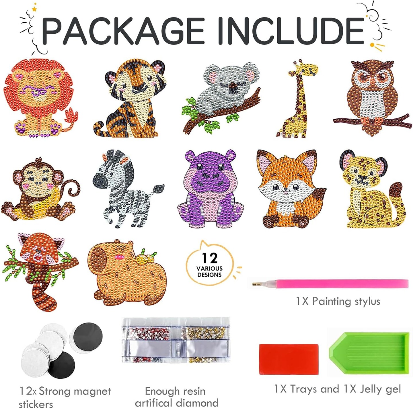Diamond Painting Magnets Refrigerator - 12 PCS DIY Cute Animal Diamond Art Fridge Magnets Kit with Lion Tiger Koala Monkey Giraffe Zebra Fox Pattern DIY Home Decor for Adults Beginners