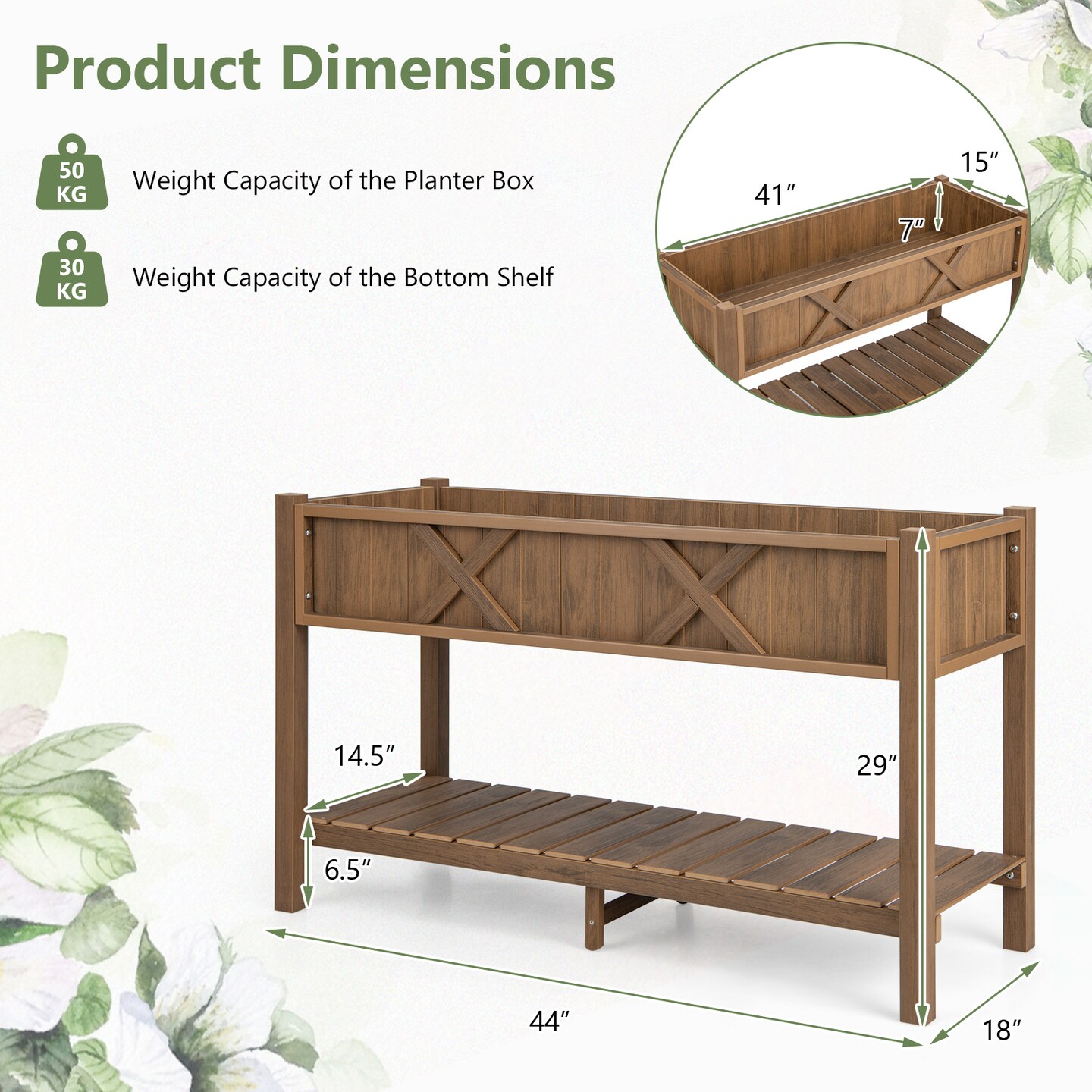 HIPS Raised Planter Box with Bottom Shelf and Drainage System