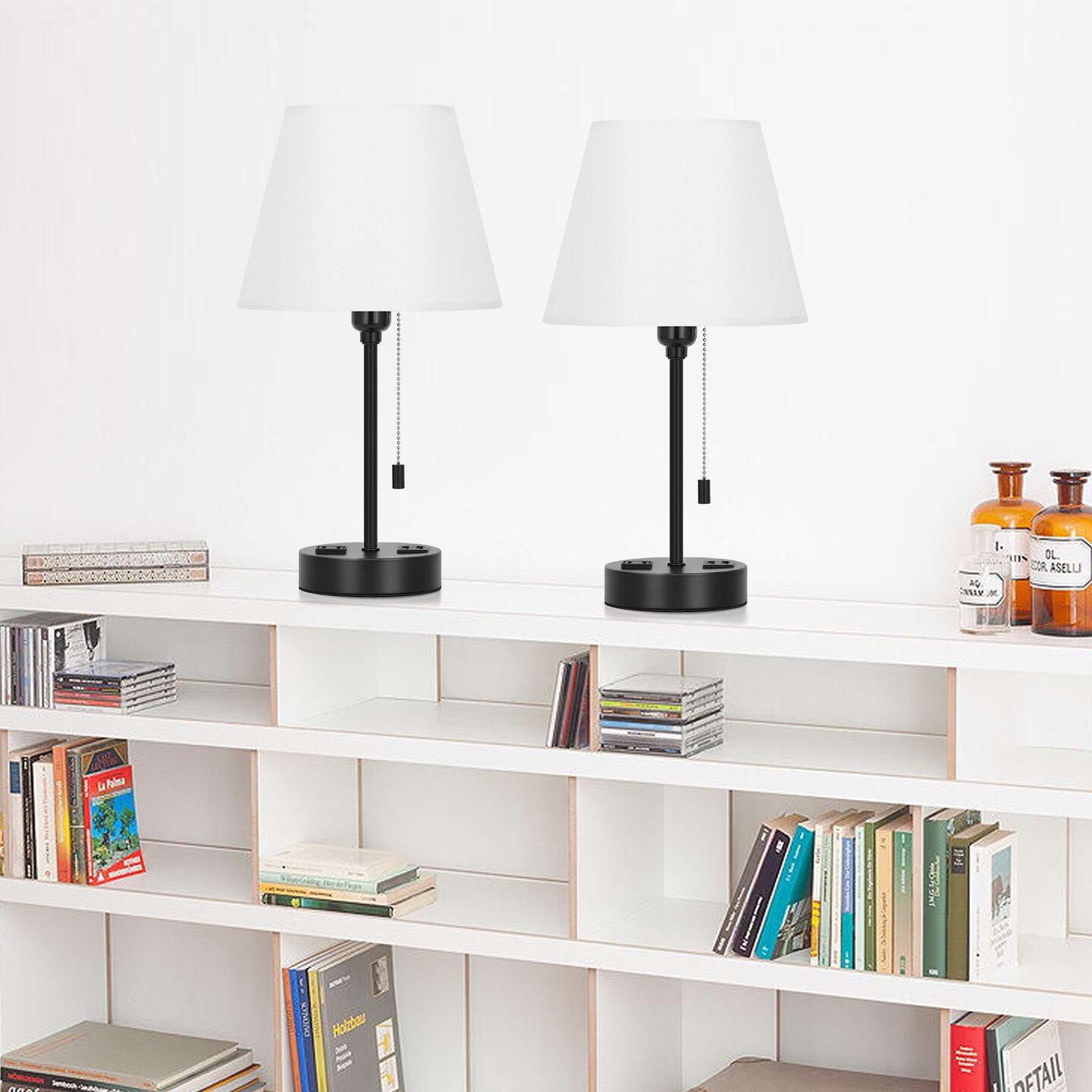 Set of 2 Modern Bedside Table Lamps &#x2013; Dual USB Charging Ports &#x26; AC Outlet, Sleek Fabric Shade &#x26; Metal Base &#x2013; Nightstand Lamps for Bedroom, Office, or Dorm