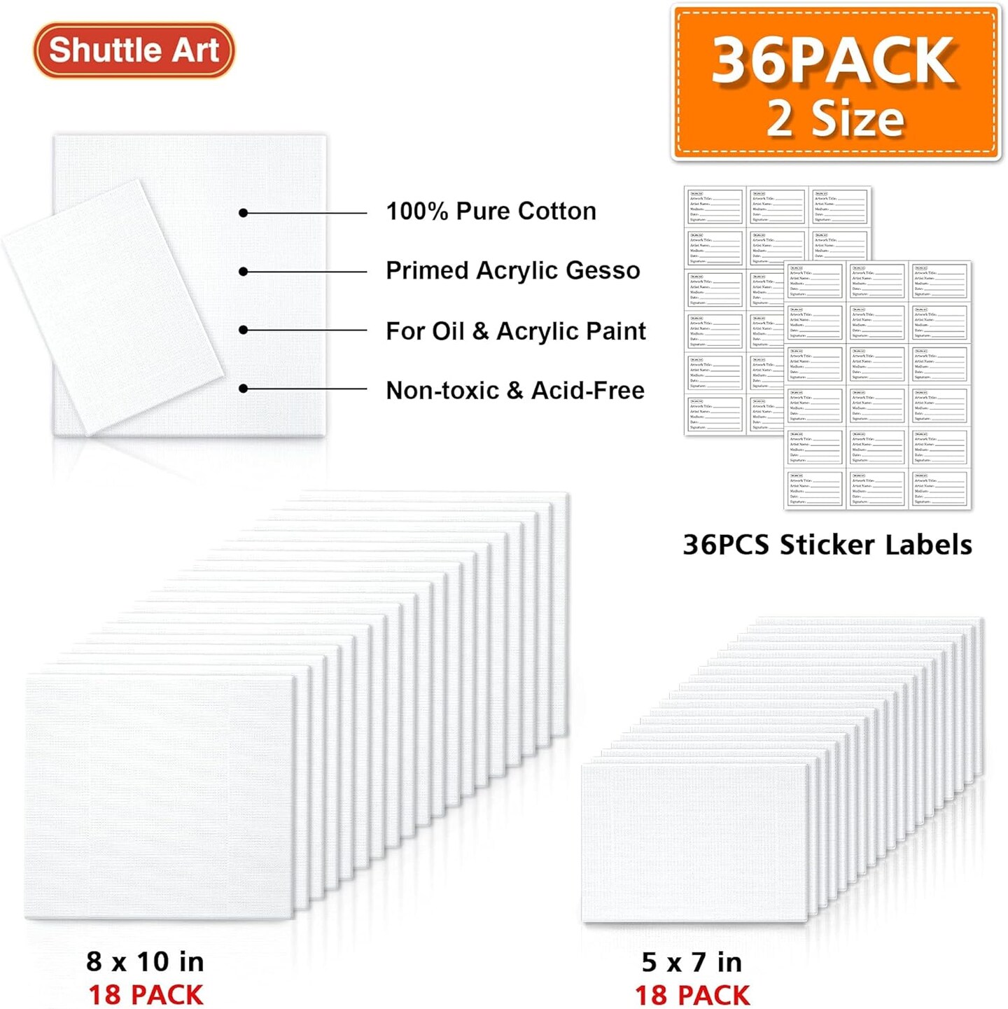 Painting Canvas Panels, 36 Pack, 5x7, 8x10in (18 of Each), 100% Cotton, Primed White Canvas Boards for Painting, Blank Canvases for Kids, Adults &#x26; Artists for Acrylic and Oil Painting