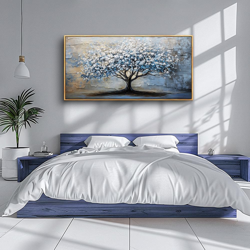 Wood Framed Wall Art for Living Room, Office, Bedroom - Large Abstract Blue Grey Tree Painting Canvas - Farmhouse Home Decor 20&#x22;X40&#x22;