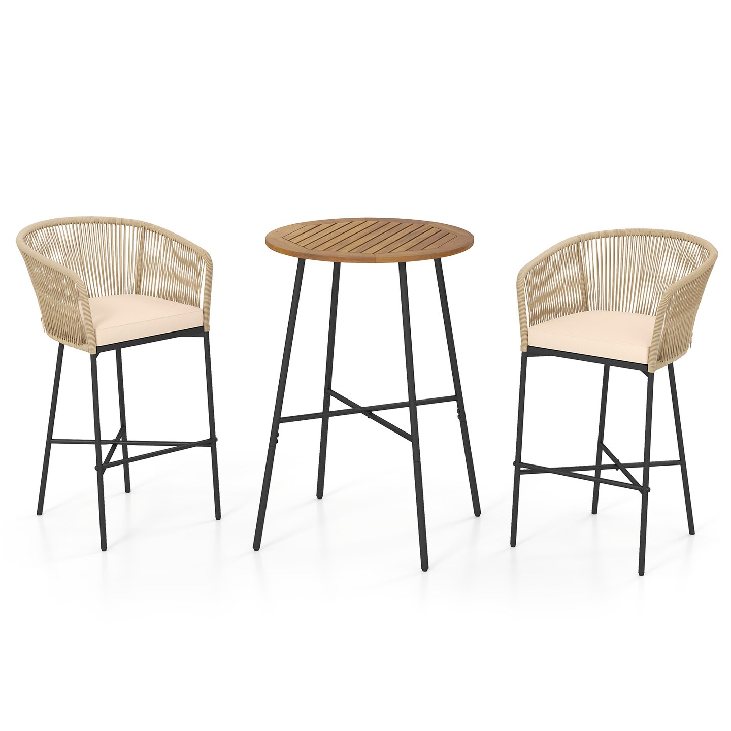 3 Pieces Rope Woven Patio Bistro Set with Acacia Wood Tabletop and Soft Cushions