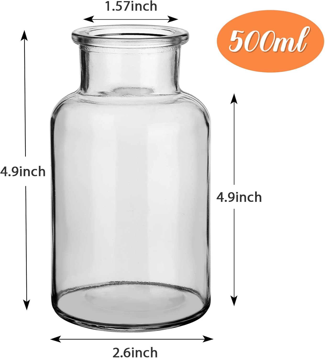 Set of 6 Glass Vases, Clear Glass Bud Vases, Small Flower Vases, Decorative Glass Bottles, Vintage Look Apothecary Jars for Wedding Dining Table Home Decor (Wide Clear)