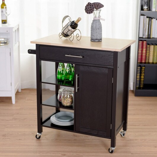 Brown and Natural Wood Kitchen Trolley Cart with Storage and Lockable Wheels