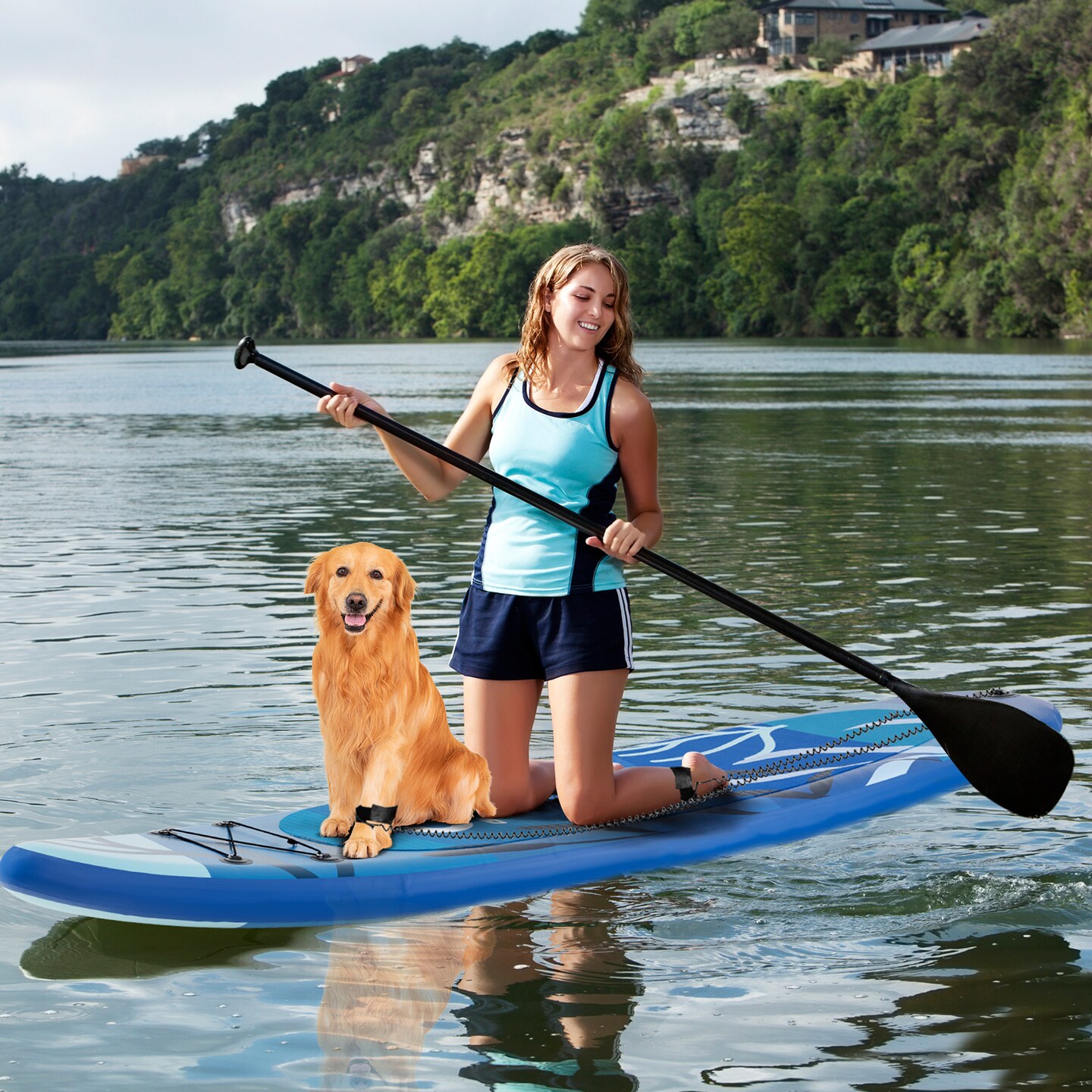 Blue Inflatable SUP Board Drop Stitch PVC EVA Aluminum Alloy Paddle Adjustable Length