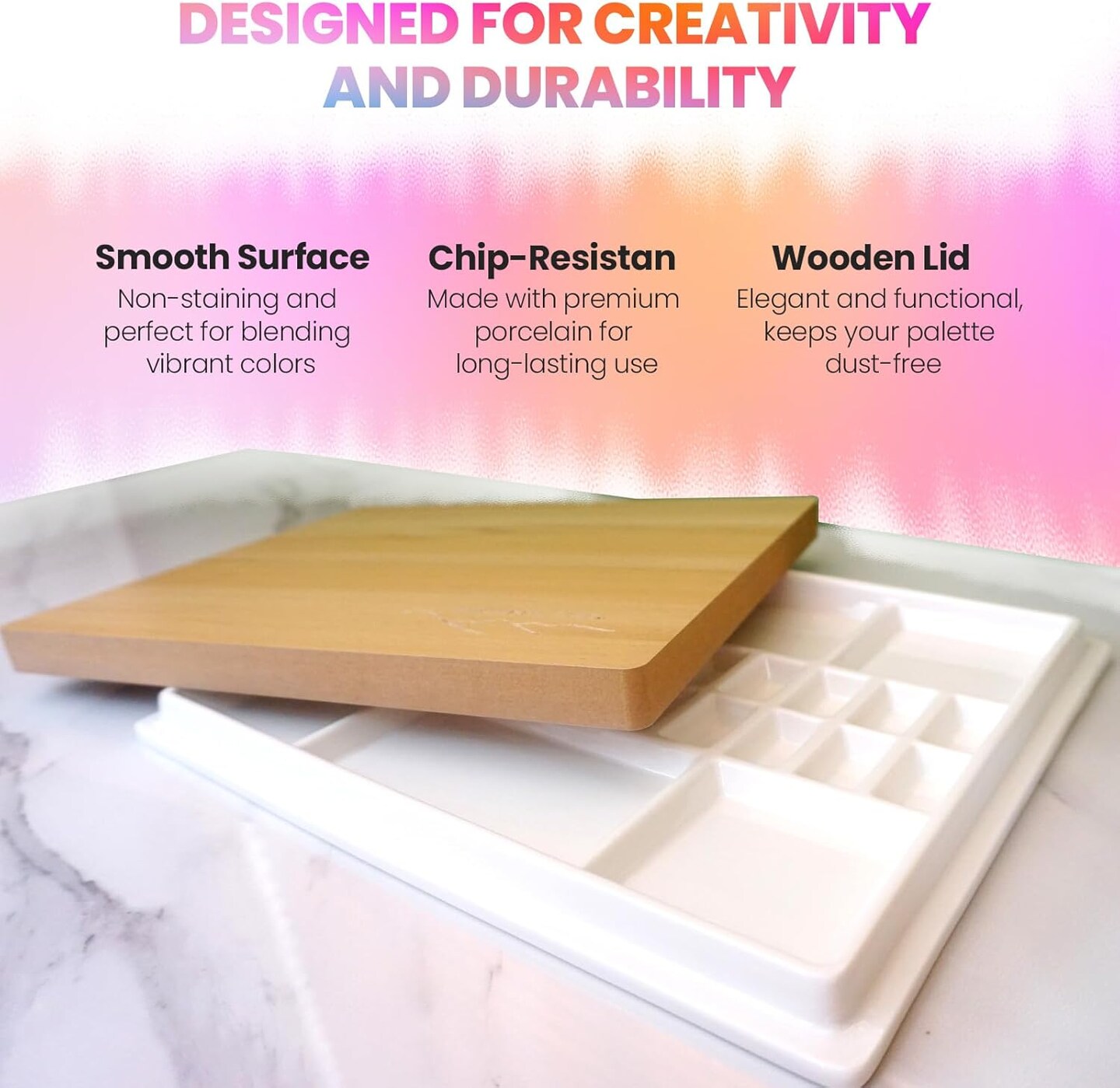 Ceramic Watercolor Paint Palette with Wooden Lid - 12x10 Inch Porcelain Mixing Tray with 22 Wells and 6 Large Wells - Professional Palette for Gouache, Acrylics, and More - Durable Design