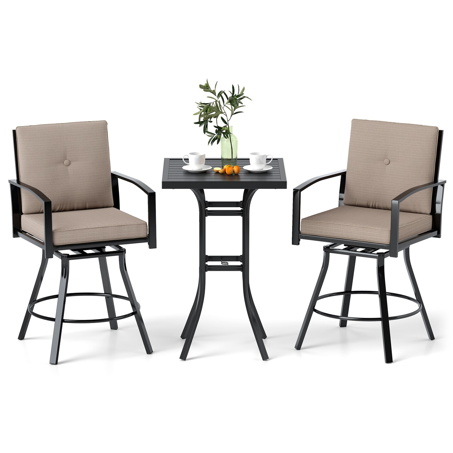 3 Pieces Patio Swivel Bar Set Included Square Table and 2 Stools With Metal Frame and Umbrella Hole