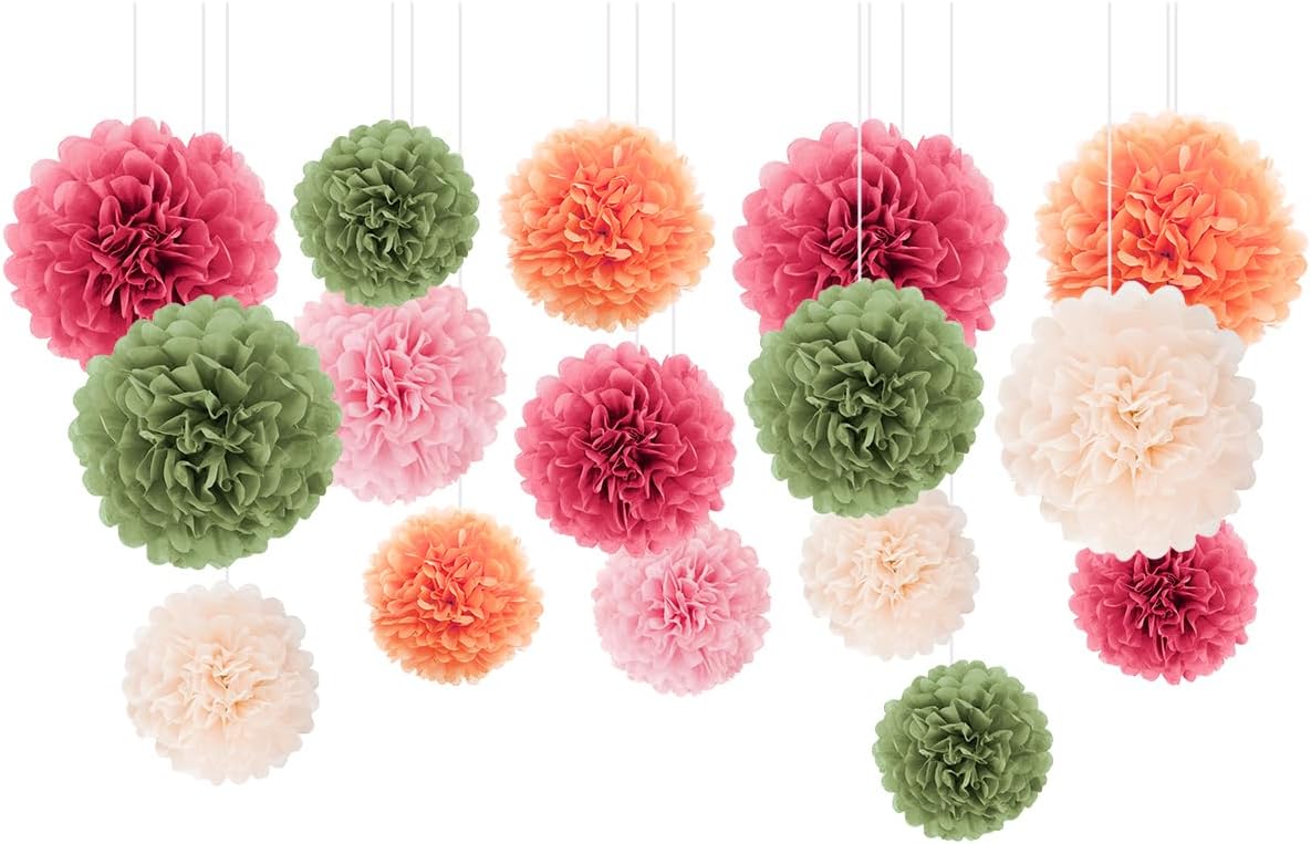 Wedding Party Decorations - 16Pcs Pink, Sage Green, Ivory Tissue Paper Pom Poms for Birthday, Engagement, Baby/Bridal Shower, Anniversary, Pastel Party, Festival Decorations