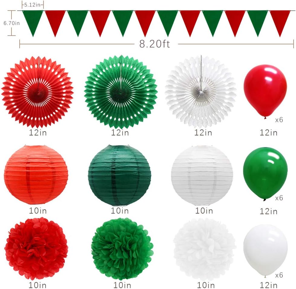 Red Green White Christmas Fiesta Brands Mexican Italian Party Decorations Paper Fans Lanterns Flower Pom Poms Felt Pennant Balloons for Graduations St. Patrick&#x27;s Day Birthday Baby Shower