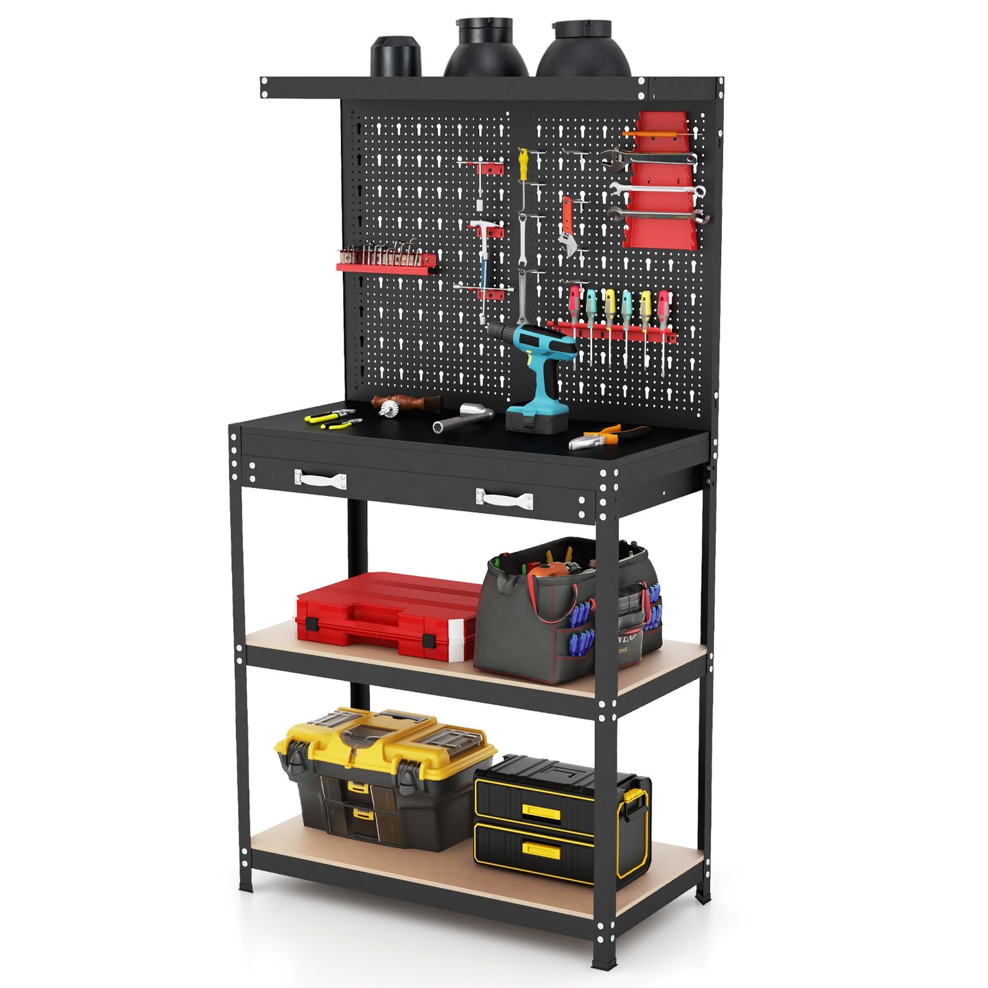 Freestanding Tool Storage Workbench with Pegboard with 14 Hanging Accessories and 2 Drawers