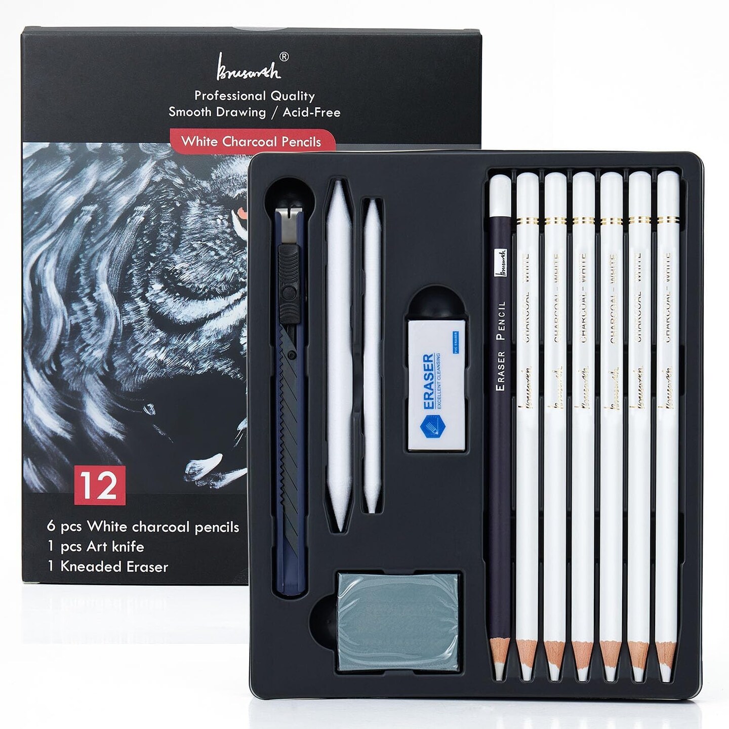 White Charcoal Pencils Set - 12 Piece White Colored Pencils for Drawing, Sketching, Shading, Blending, White Chalk Pencils for Kid, Beginners &#x26; Pro Artists
