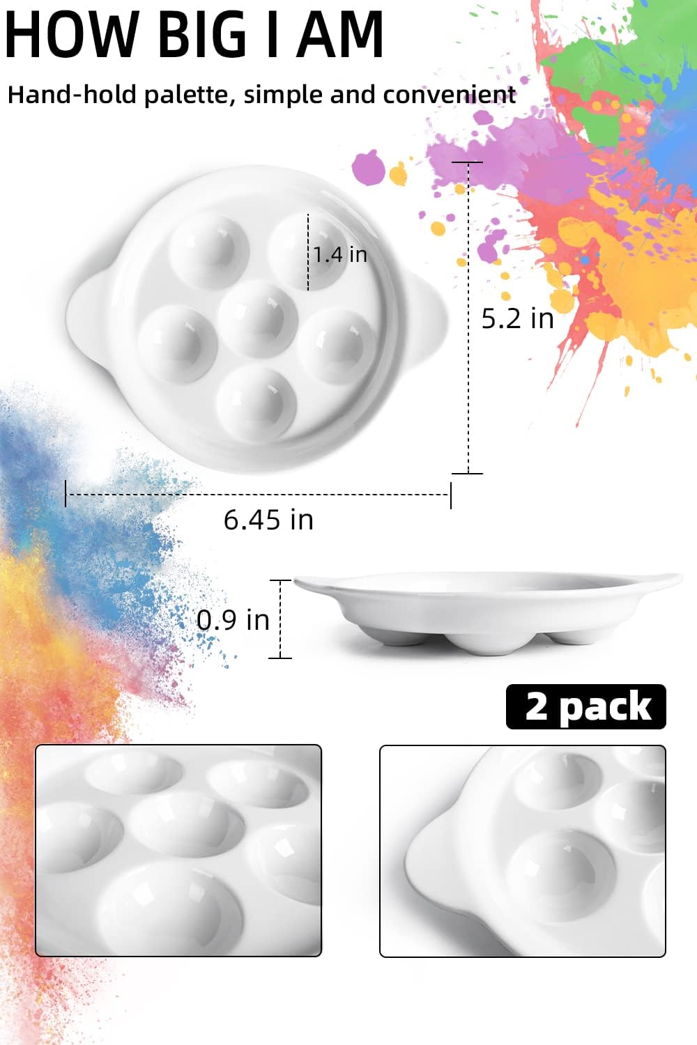 Ceramic Artist Paint Palette, 6.5 Inch Watercolor Palette with 6 Holes and Handles, Mixing Tray for Gouache Painting, Tempera Painting, Easy to Clean White, 2 Pack