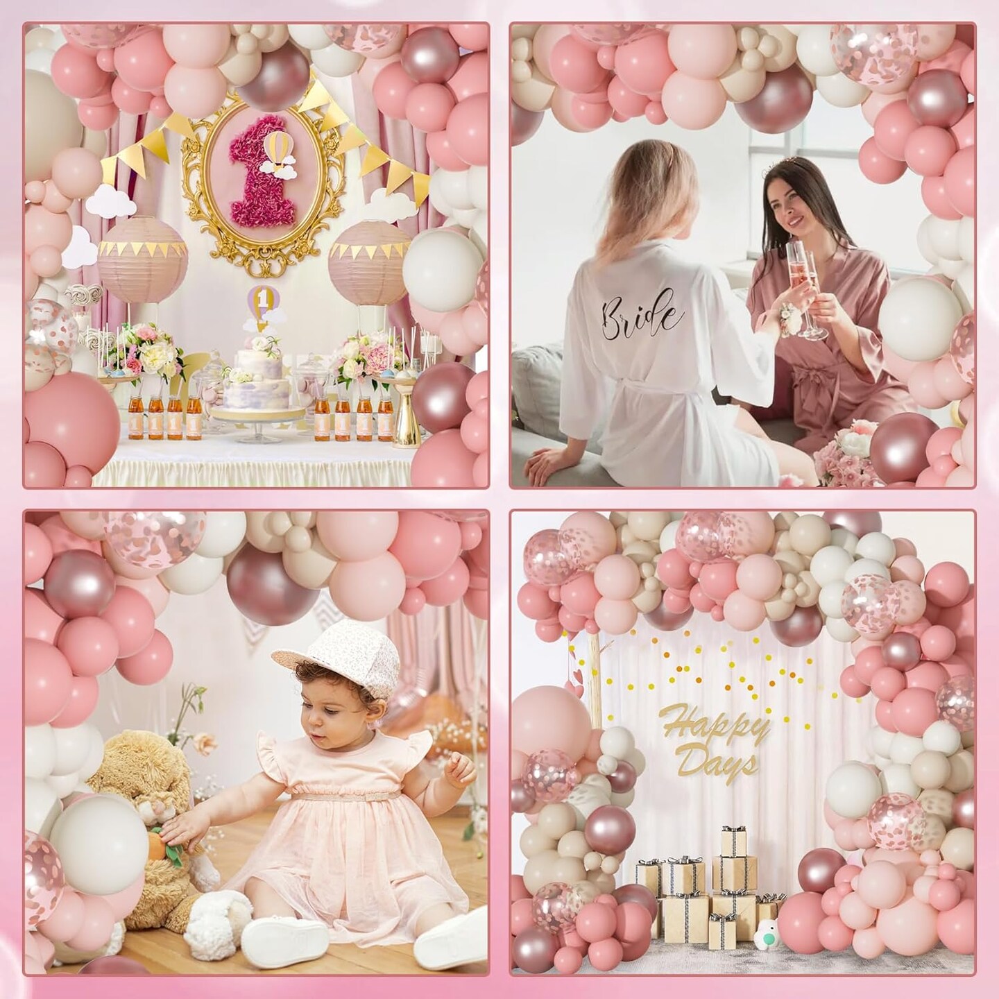 Dusty Pink Balloons Arch Garland Kit, Different Sizes 18 12 10 5 Inch Boho Pink White Sand Latex Metallic Confetti Balloon for Girl Baby Shower Valentines Day Birthday Party Decorations