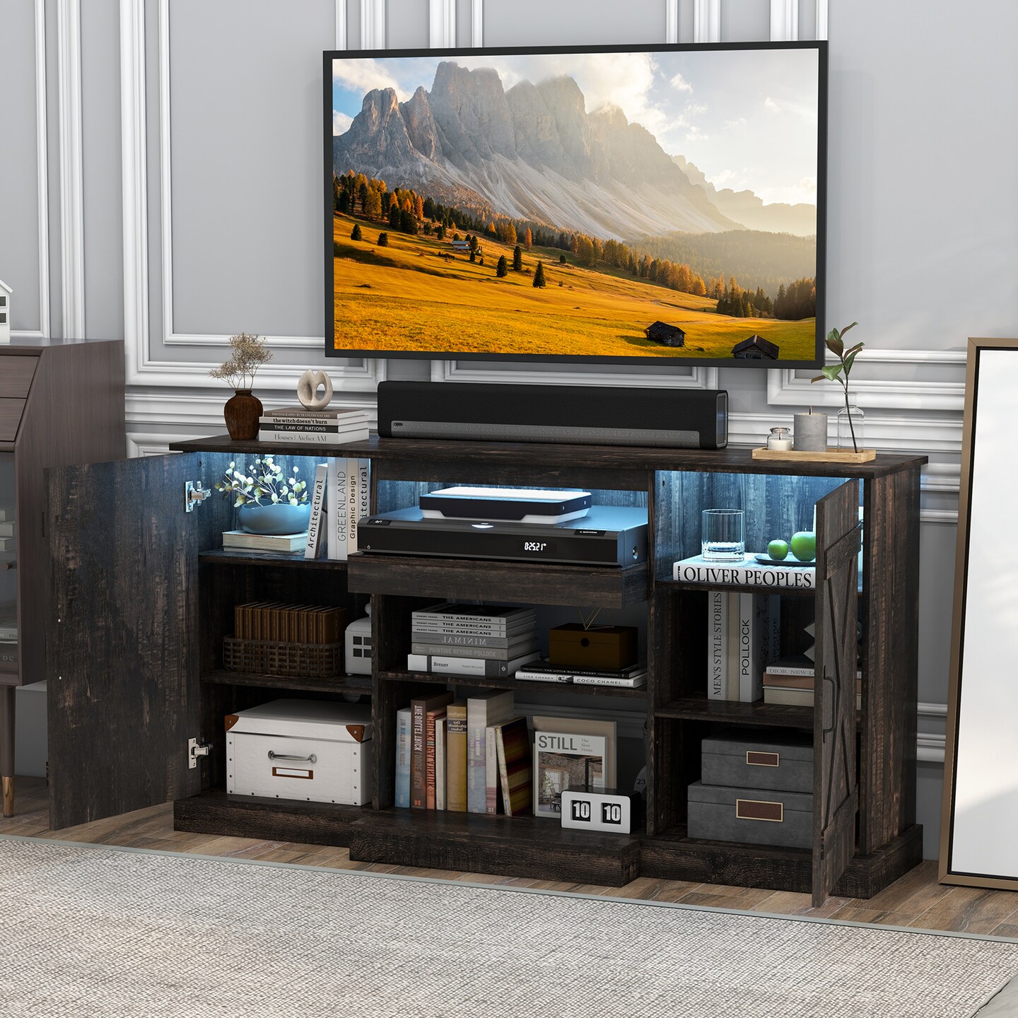 Dark Rustic Oak TV Cabinet with LED Lights, Storage, Adjustable Shelves