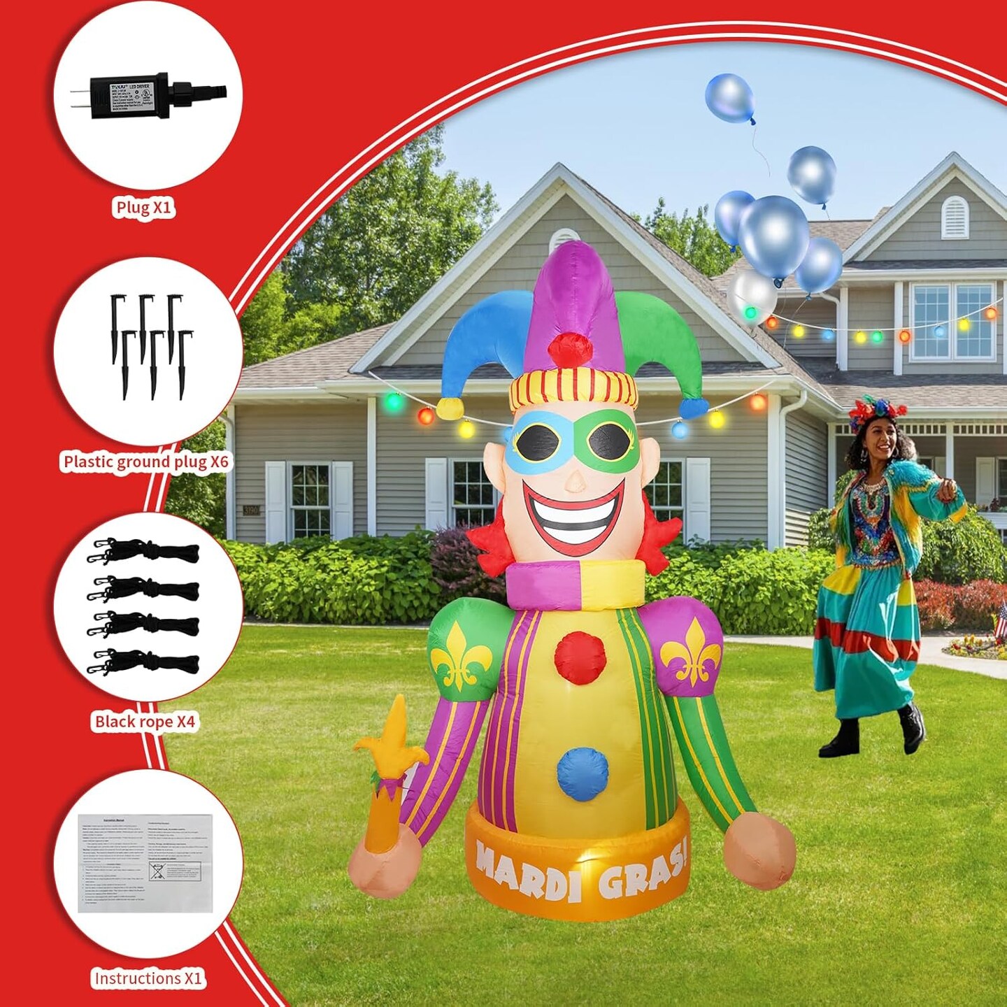 [2025 New] 8FT Huge Clown Inflatable, Mardi Gras Inflatable Decoration Decorations, Build-in LED Lights,Mardi Gras Blow up Outdoor Yard Decorations for Party, Indoor Home Celebration Garden Lawn