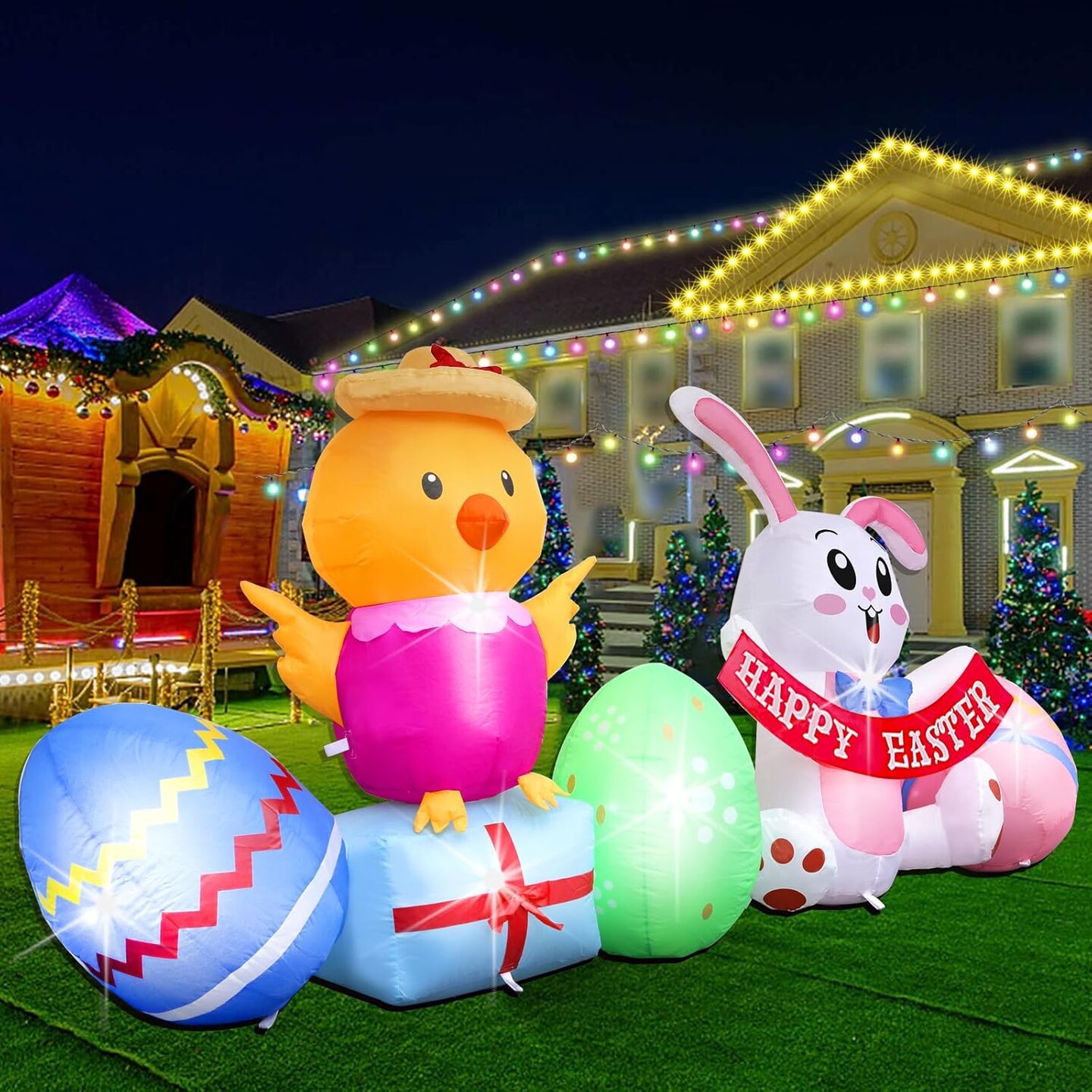 3FT Width Inflatables Easter Rabbit and Chick Outdoor Decor, Happy Easter Bunny and 3 Colorful Eggs Build-in 6 LEDs Decoration Blow Up,for Easter Holiday PartyYard/Garden/Outdoor
