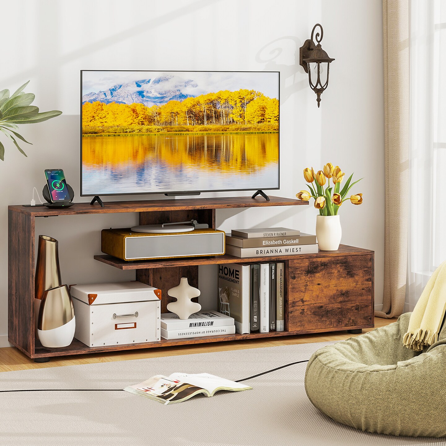 Engineered Wood TV Stand with Built-in Power Outlet, Storage and Adjustable Feet