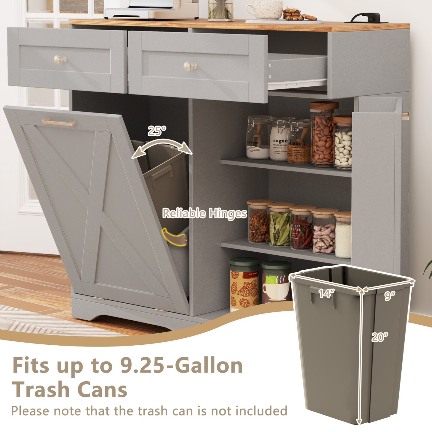 Tilt Out Wooden Trash Can Cabinet with 3 Position Adjustable Shelf and Power Outlets